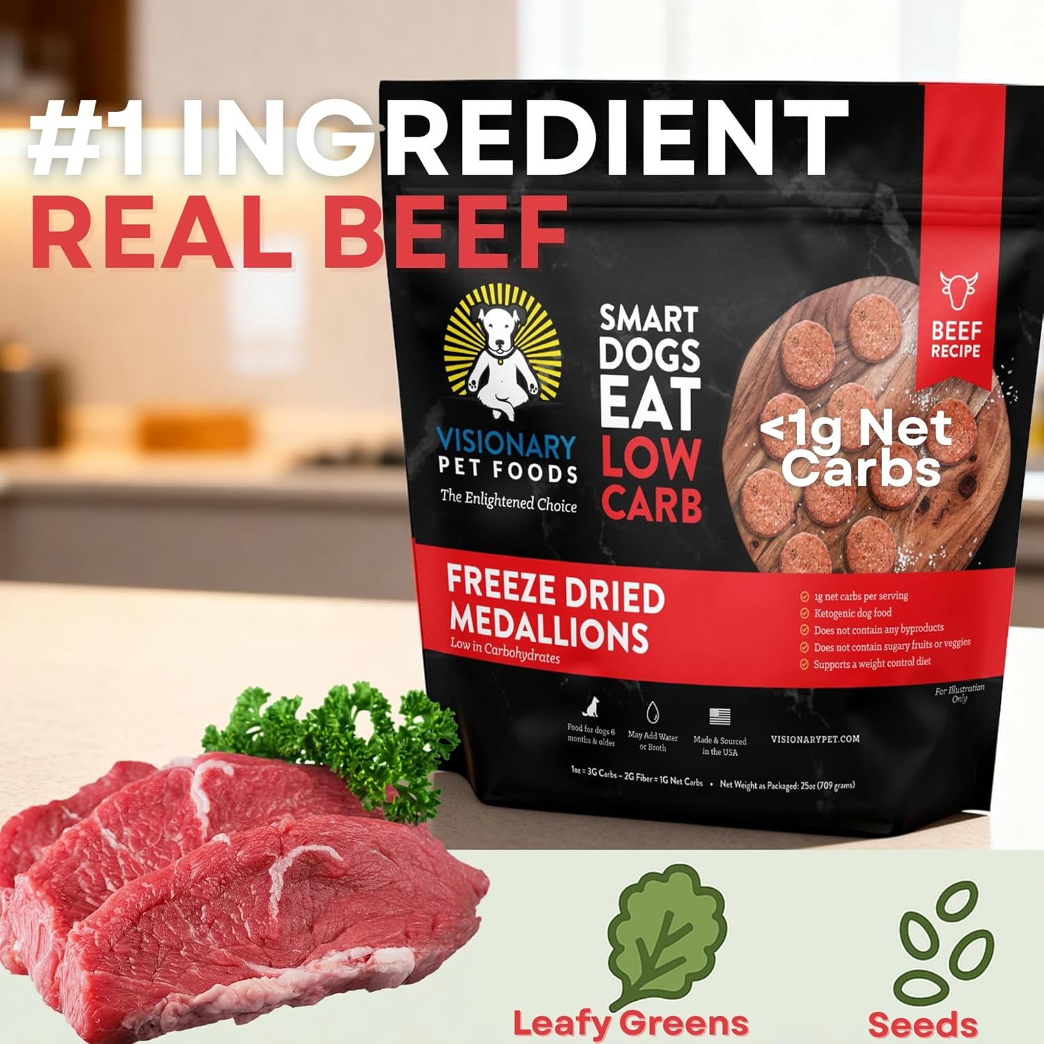 Visionary Pet Foods Freeze Dried Raw Dog Food, Topper & Meal Mixer – Real Beef | KetoPet Research Formula | Less Than 1g Net Carbs | Ketogenic | Grain Free High Protein | Made in USA | 25oz