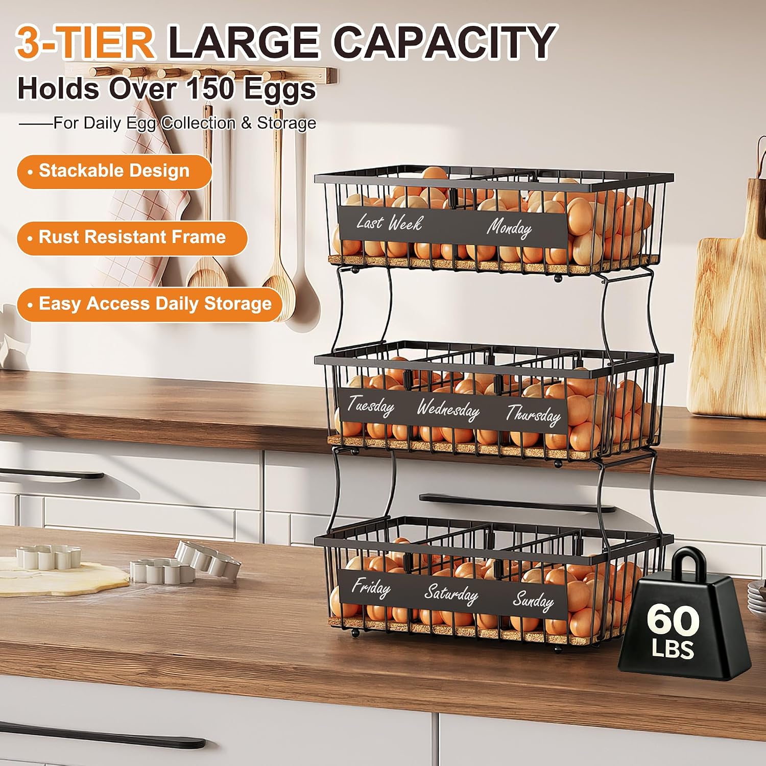 Egg Holder Countertop with Coco Coir Liner & 5 Dividers for Egg Storage