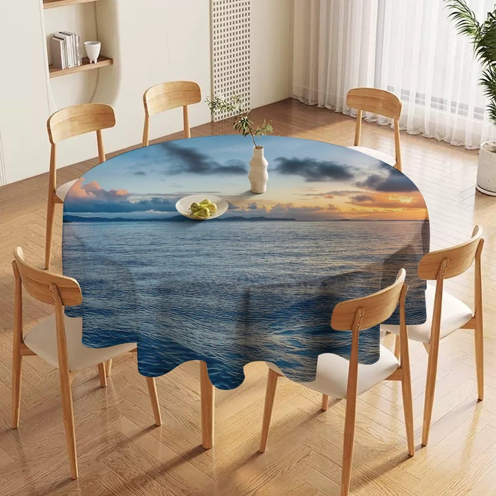 ORDOBO 3D Print Round Tablecloth - Sea And Sky Waterproof Dust-Proof 3D Print Table Cover For Dinner Kitchen Garden Fashion Home Countertop Decoration 177X177Cm