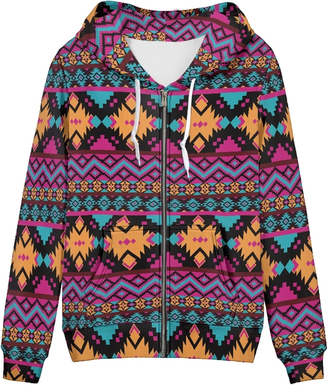 Hawapod Long Zip Up Hoodie Women Print Drawstring Oversized Hooded Sweatshirts Casual Pockets Jackets