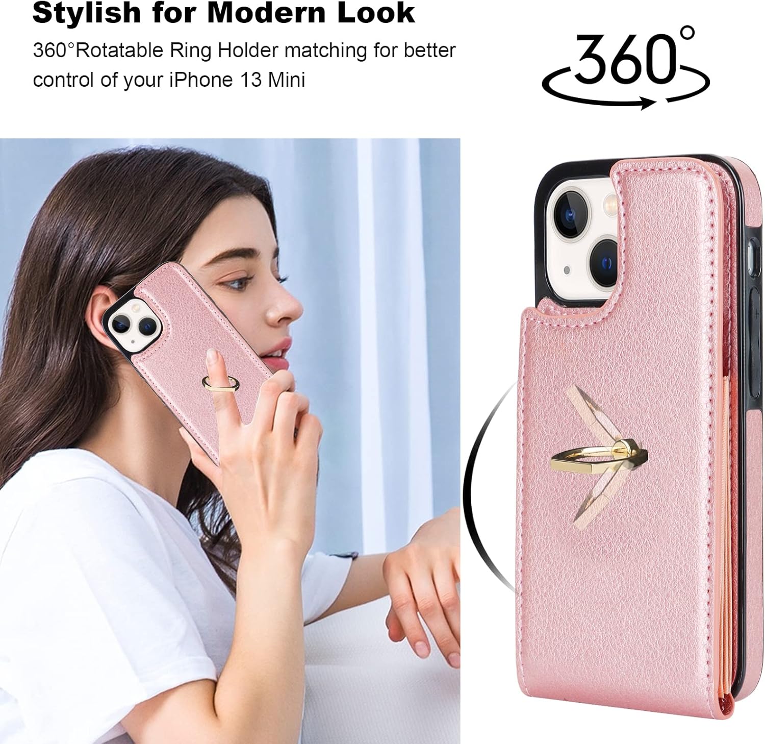 Folosu for iPhone 13 Mini Case Wallet with Card Holder, 360°Rotation Finger Ring Holder Kickstand Protective RFID Blocking PU Leather Double Buttons Flip Shockproof Cover 5.4 Inch Rose Gold