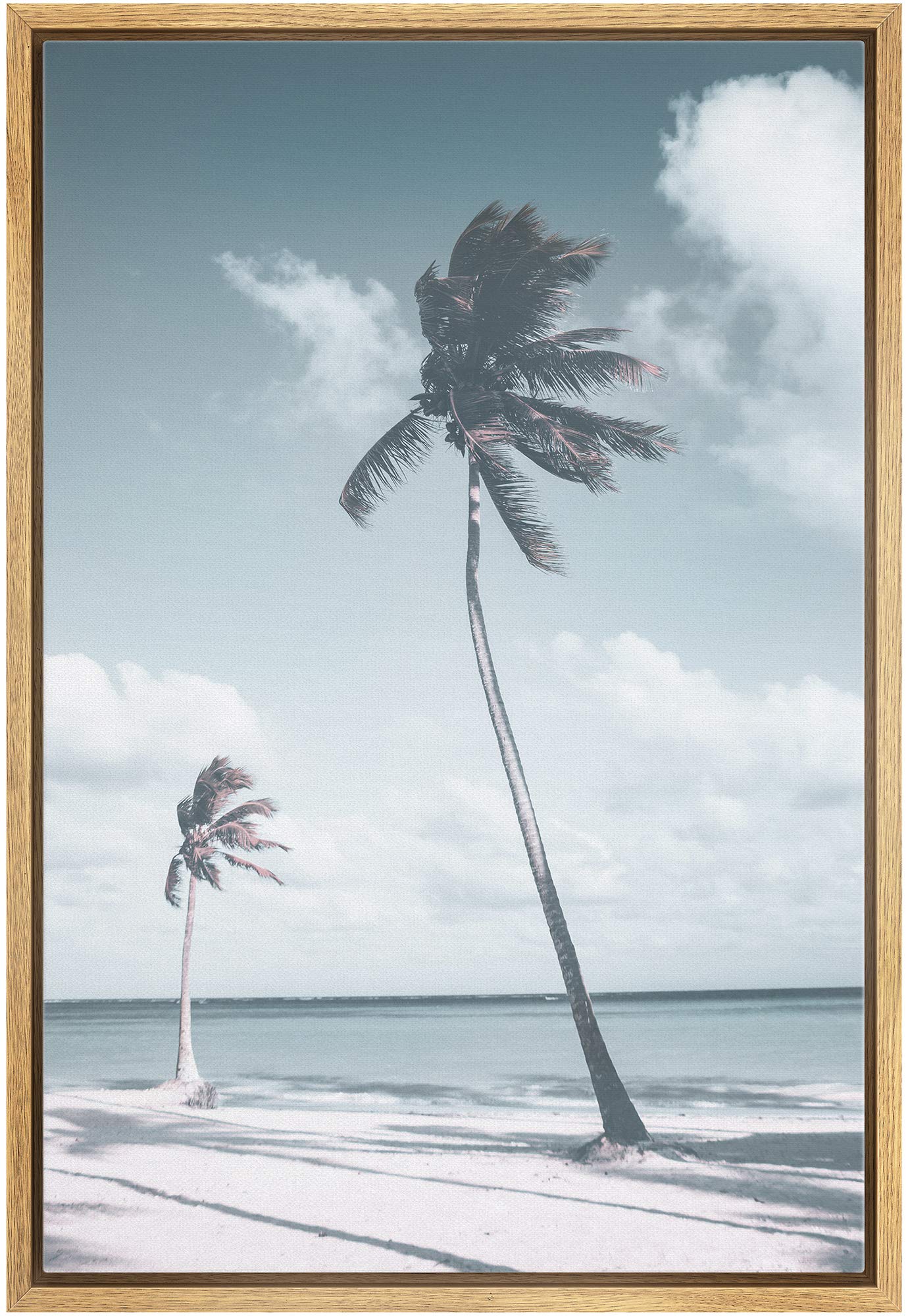 SIGNWIN Framed Canvas Wall Art Blue Wash Out Tropical Coconut Palm Trees by The Sea Coastal Ocean Photography Realism Beach Scenic Relax/Calm Duotone for Living Room, Bedroom, Office - 16"x24" inches