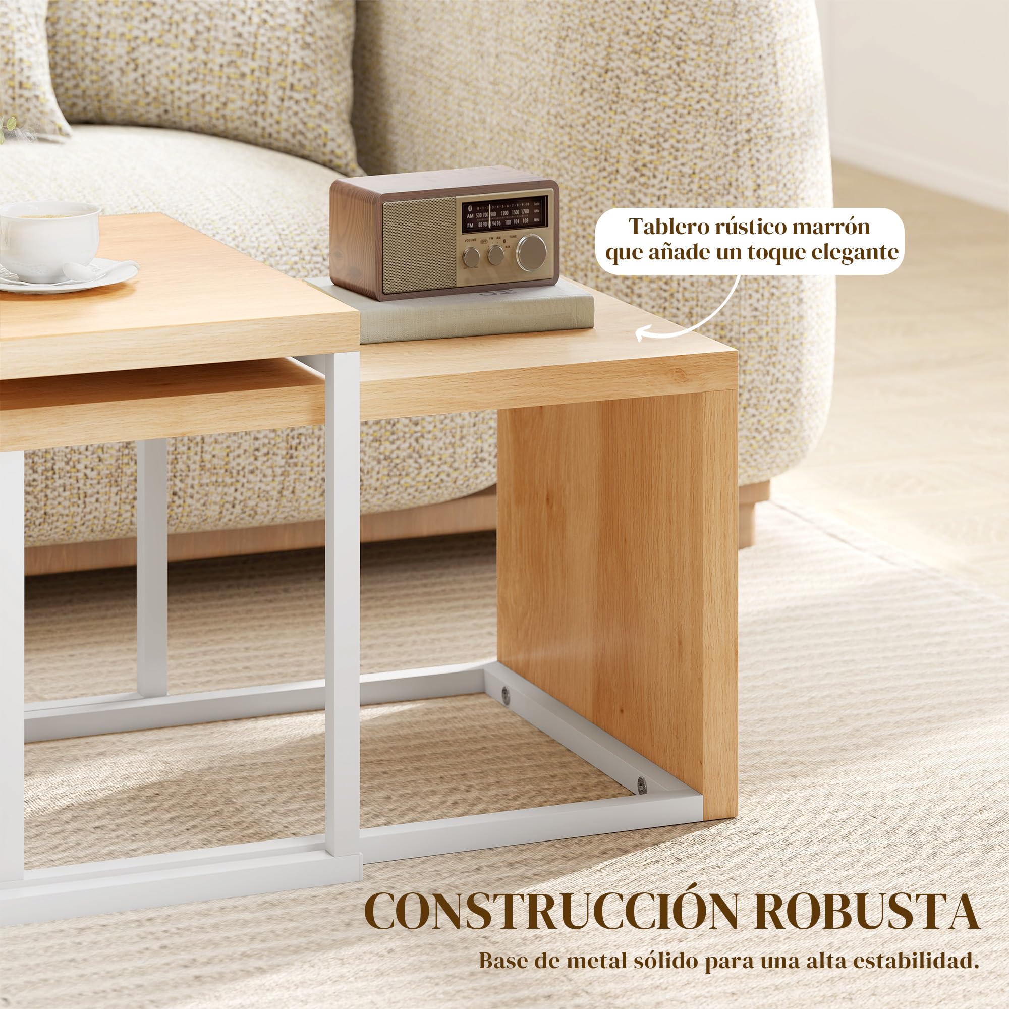 HOMCOM Juego de 2 Mesas de Centro, Mesa Nido Moderna, Mesitas Auxiliares, Marco de Metal, para Salón, Dormitorio, Grande 90x48x42 cm y Pequeña 59x42x36 cm, Natural y Blanco