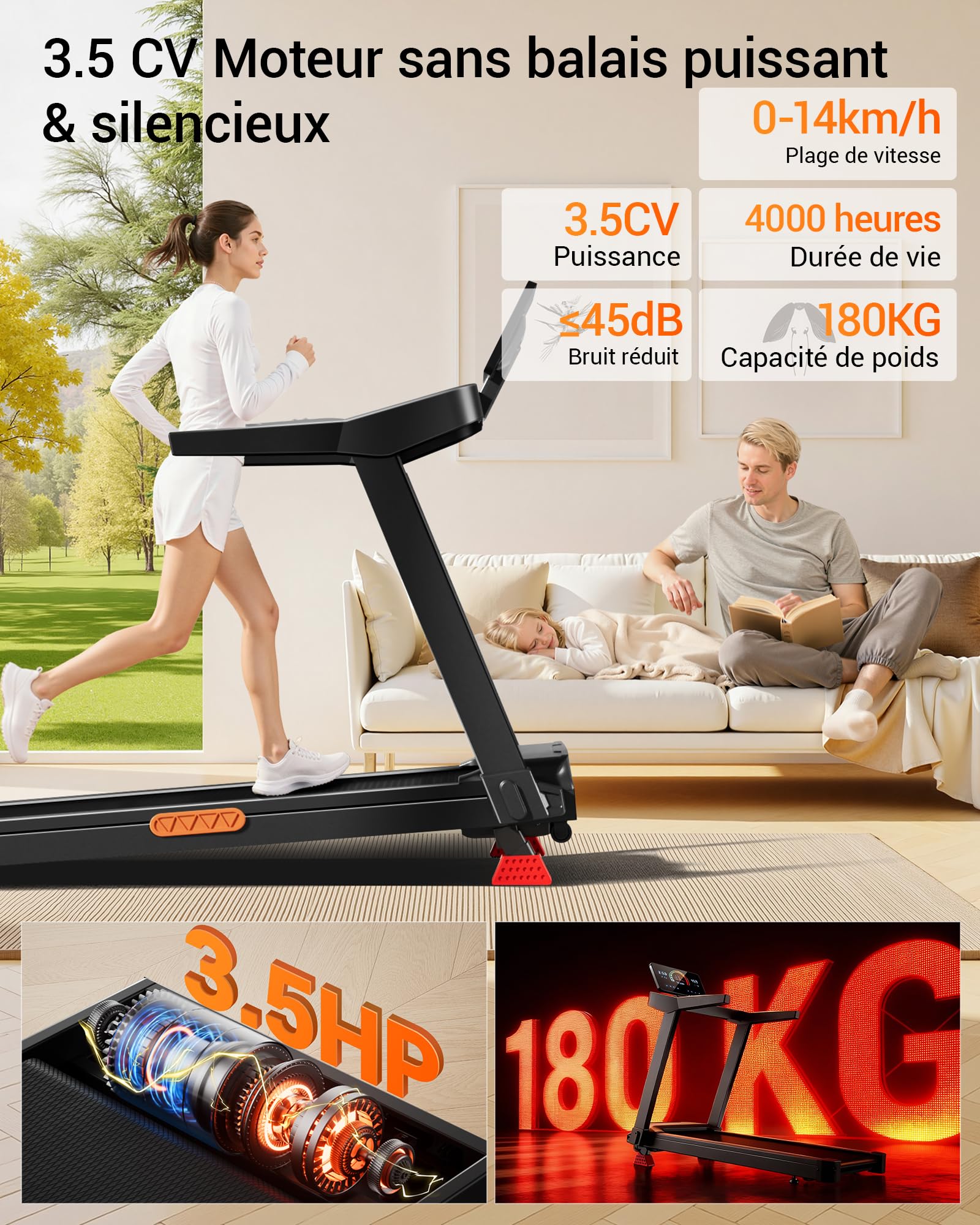 LONTEK Tapis de Course Pliable Inclinable 16% 14KM/H 3,5CV avec Fréquence Cardiaque Affichage LED Charge Max 180KG Compact