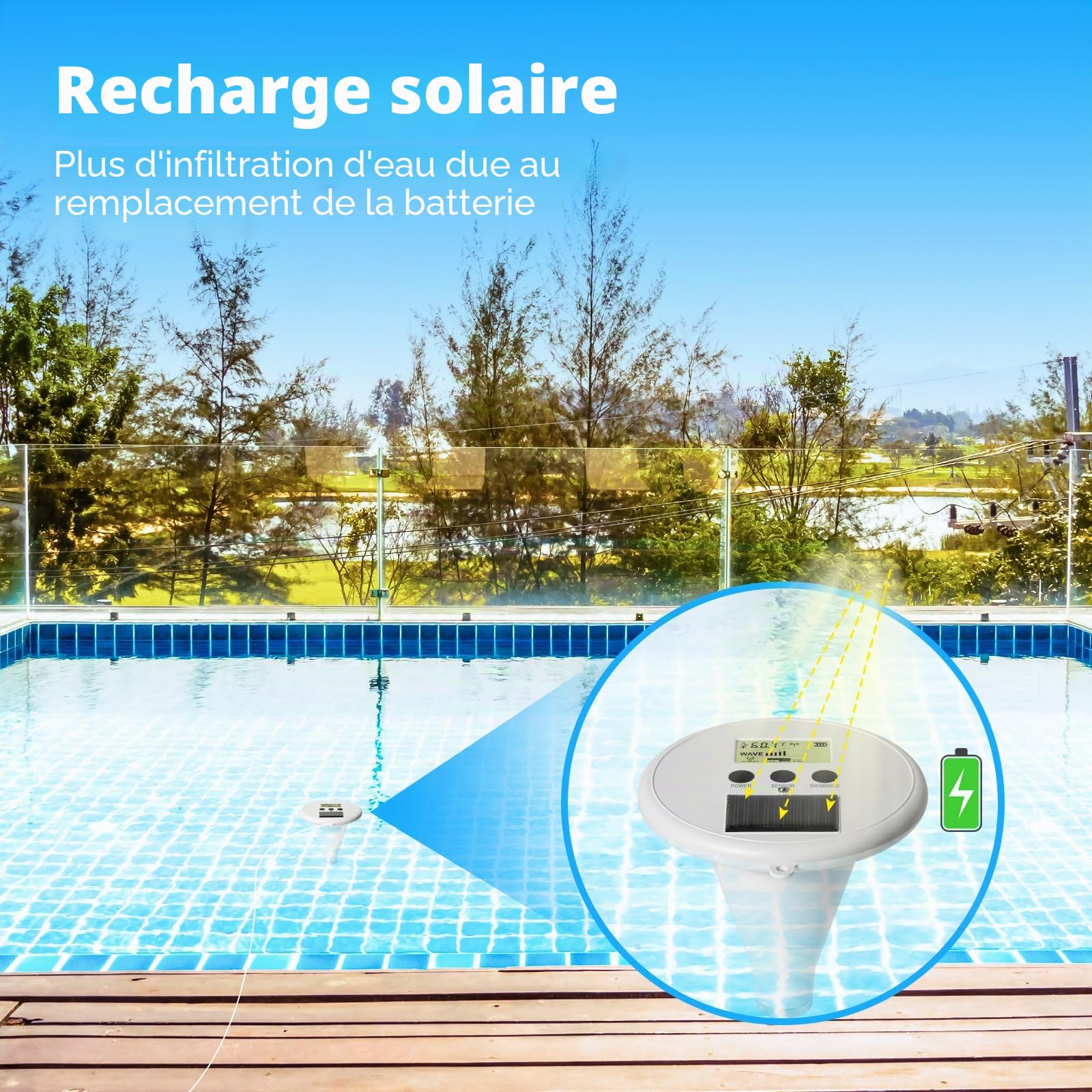 Alarme de piscine WiFi Zuomeng solaire avec haute sensibilité, contrôle intelligent par application, double alarme via appareil et application, offrant une protection supplémentaire pour vos enfants