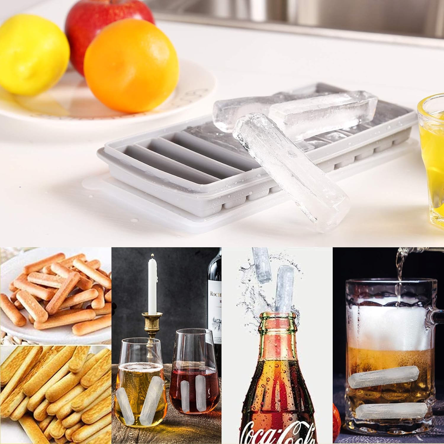 LMo Ice Cube Tray, Long Ice Sti Tray Silicone with Lid, Rectangular