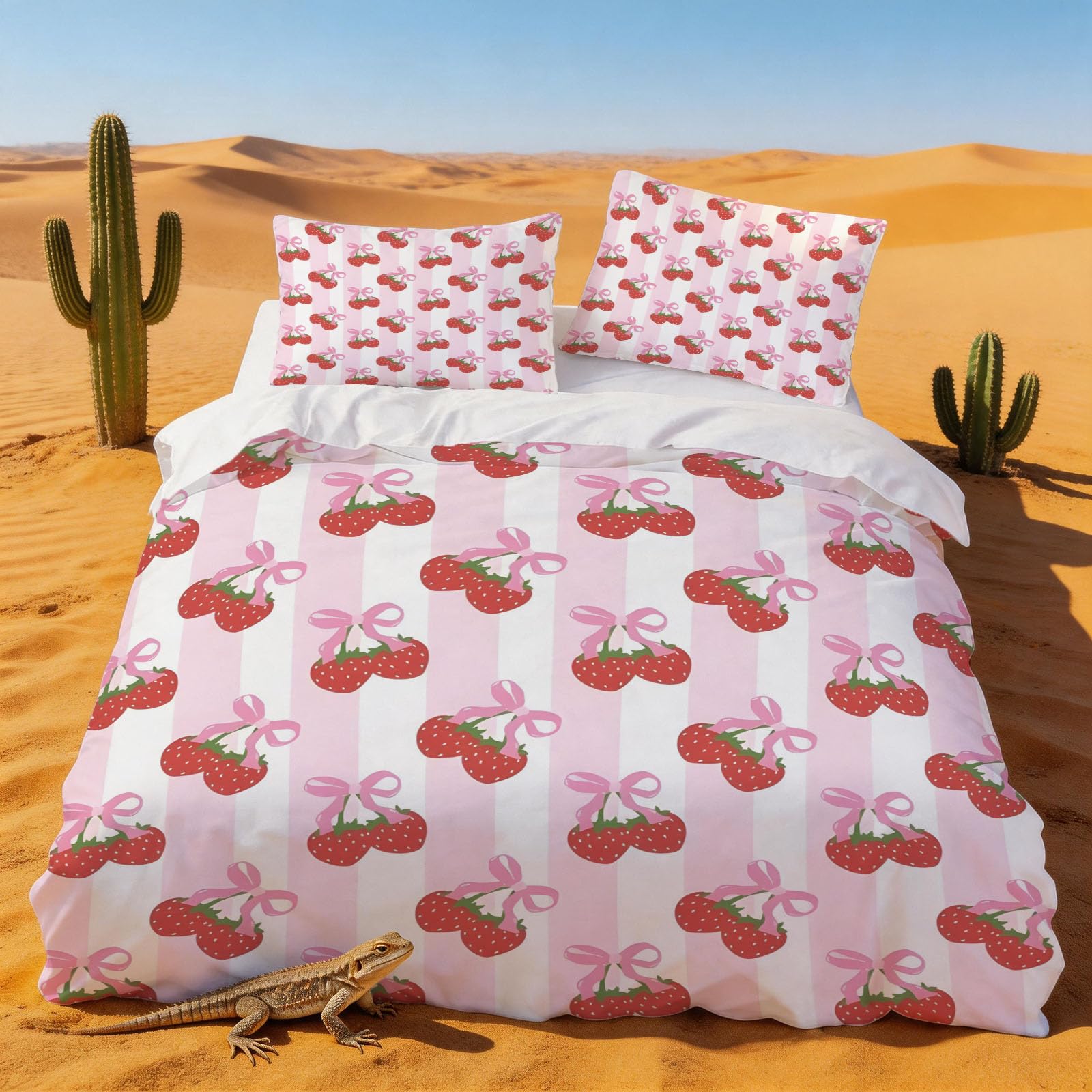 Housse de couette 200x200 microfibre douce et thermorégulatrice motif fraise