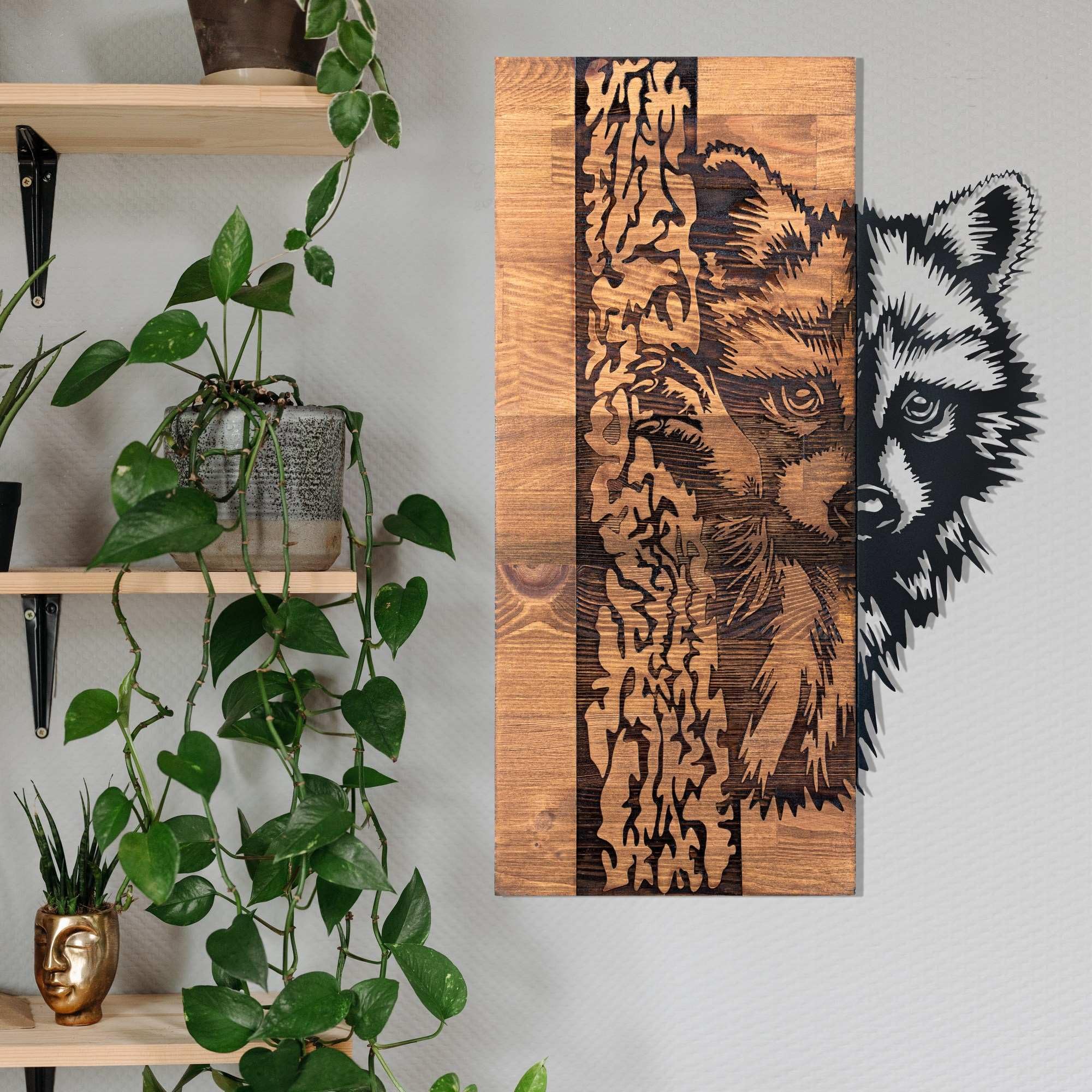 Décoration murale design en bois massif de 3cm et cadre métal noir 37x57,5cm
