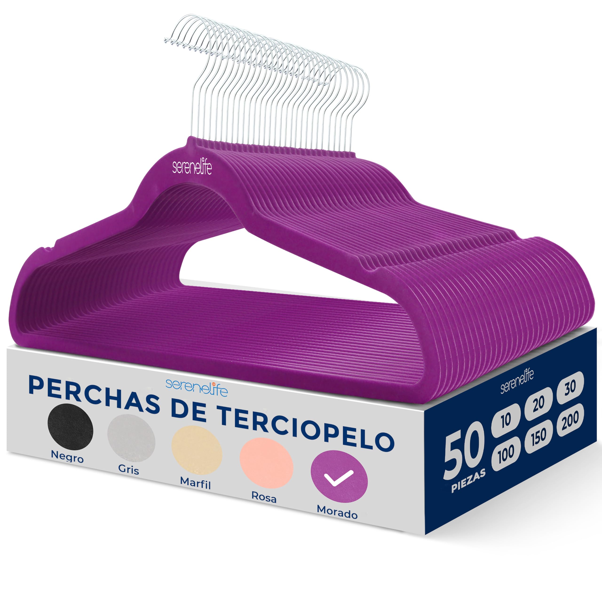 SereneLife Perchas, Ropa, de Terciopelo, Antideslizantes, Finas y Suaves. 50 Piezas, con Gancho Giratorio de 360°