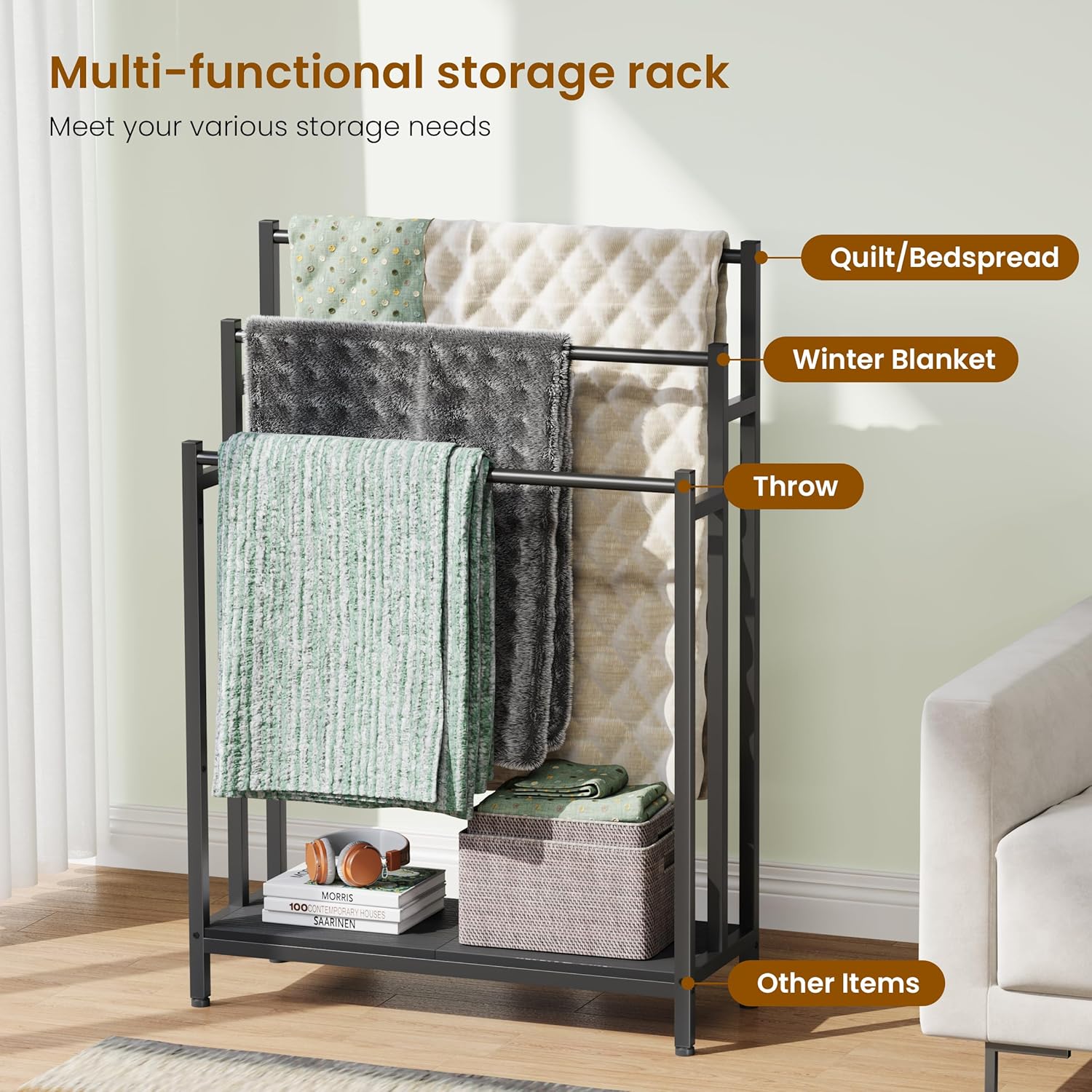 46" Extra Large Freestanding Towel Rack Stand for Bathroom, 3 Tier Blanket Ladder Holder, Outdoor Bath Towel Drying Rack with Shelf, Next to Tub or Shower, Quilt Rack, Black