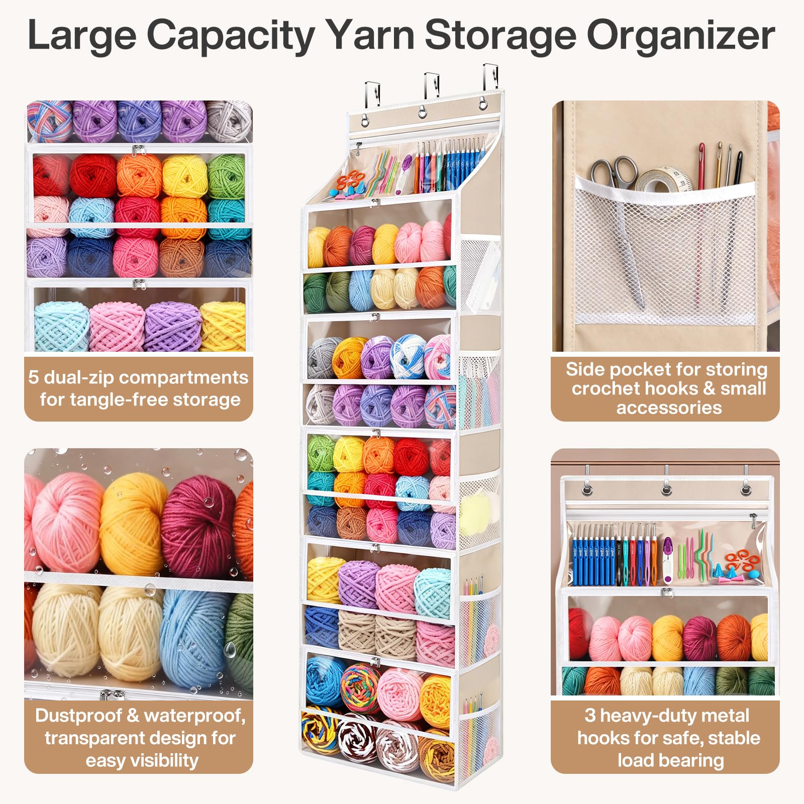 Organizador colgante con 5 compartimentos con cremallera, almacenamiento de hilo para colgar, organizador de puerta, organizador de punto colgante para accesorios de punto y ganchillo, bolsillos