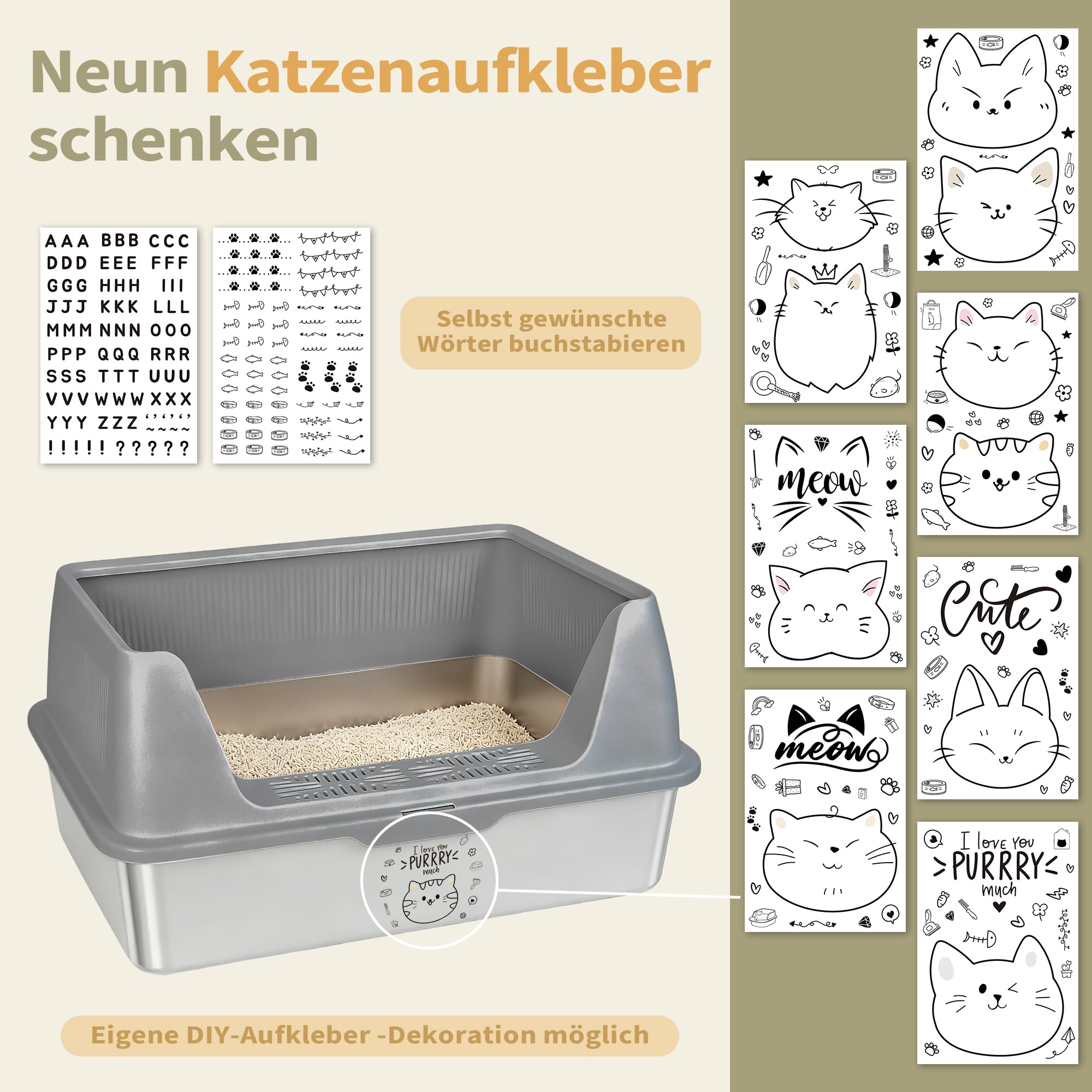 Katzenklo Edelstahl XXXL mit DIY-Aufkleber (60x40x30cm), 37L Katzentoilette Edelstahl mit Deckel, Große Kapazität, Auslaufsicher&Spritzsicher, einfacher EIN- und Ausstieg, Einfach zu Reinigen