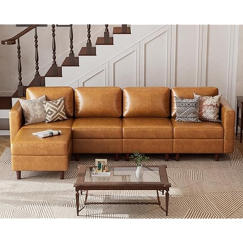 ABCASA Faux Leather Modular Sectional Sofa 118.5", L Shaped Couch Set for Living Room, 5-Seater Comfy Cloud Couches with Movable Storage Ottoman,DIY Combination - Brown