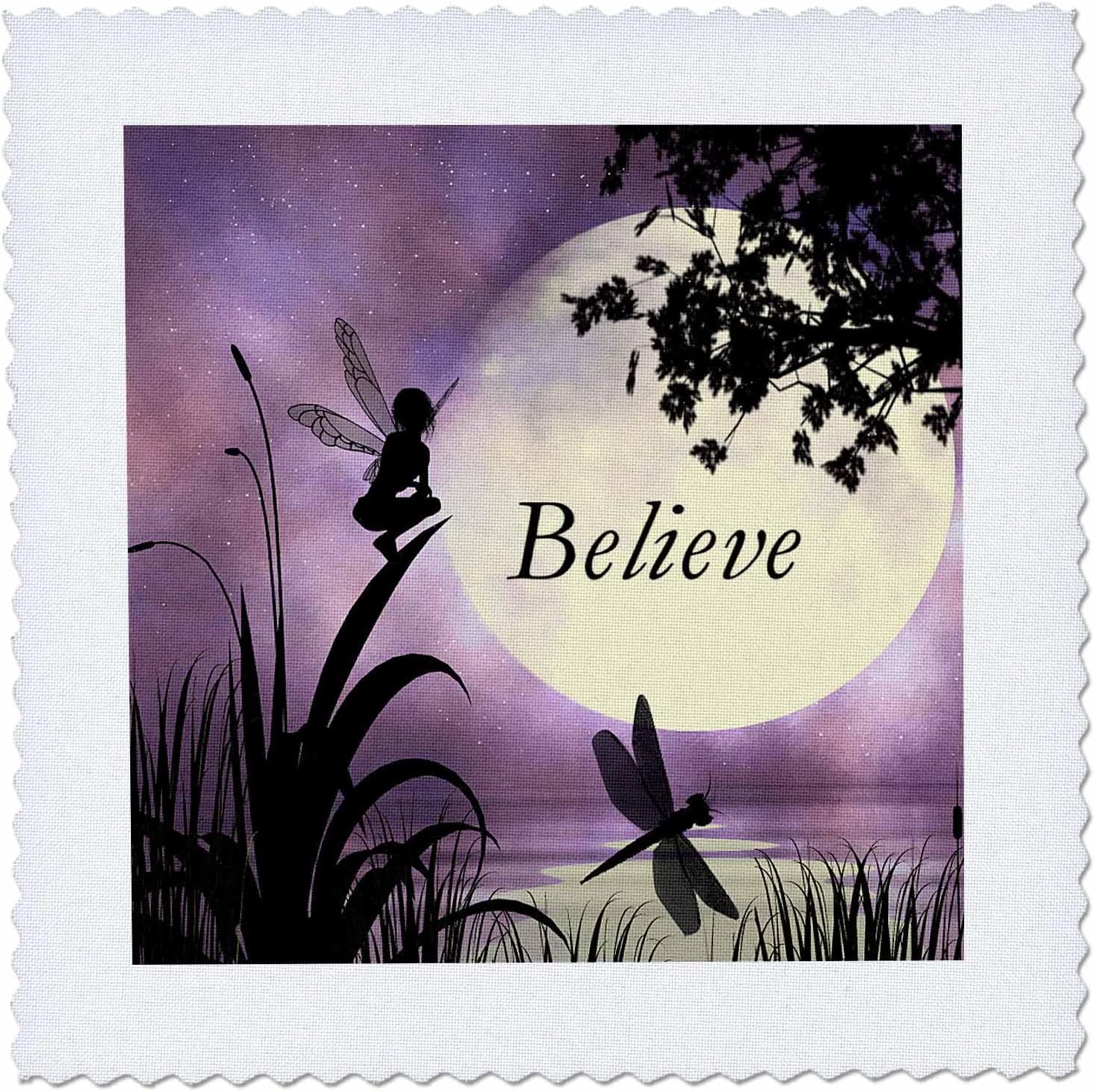 3dRose Believe, Fairy with Dragonflies with Moon and Purple Sky 25x25 inch Quilt Square