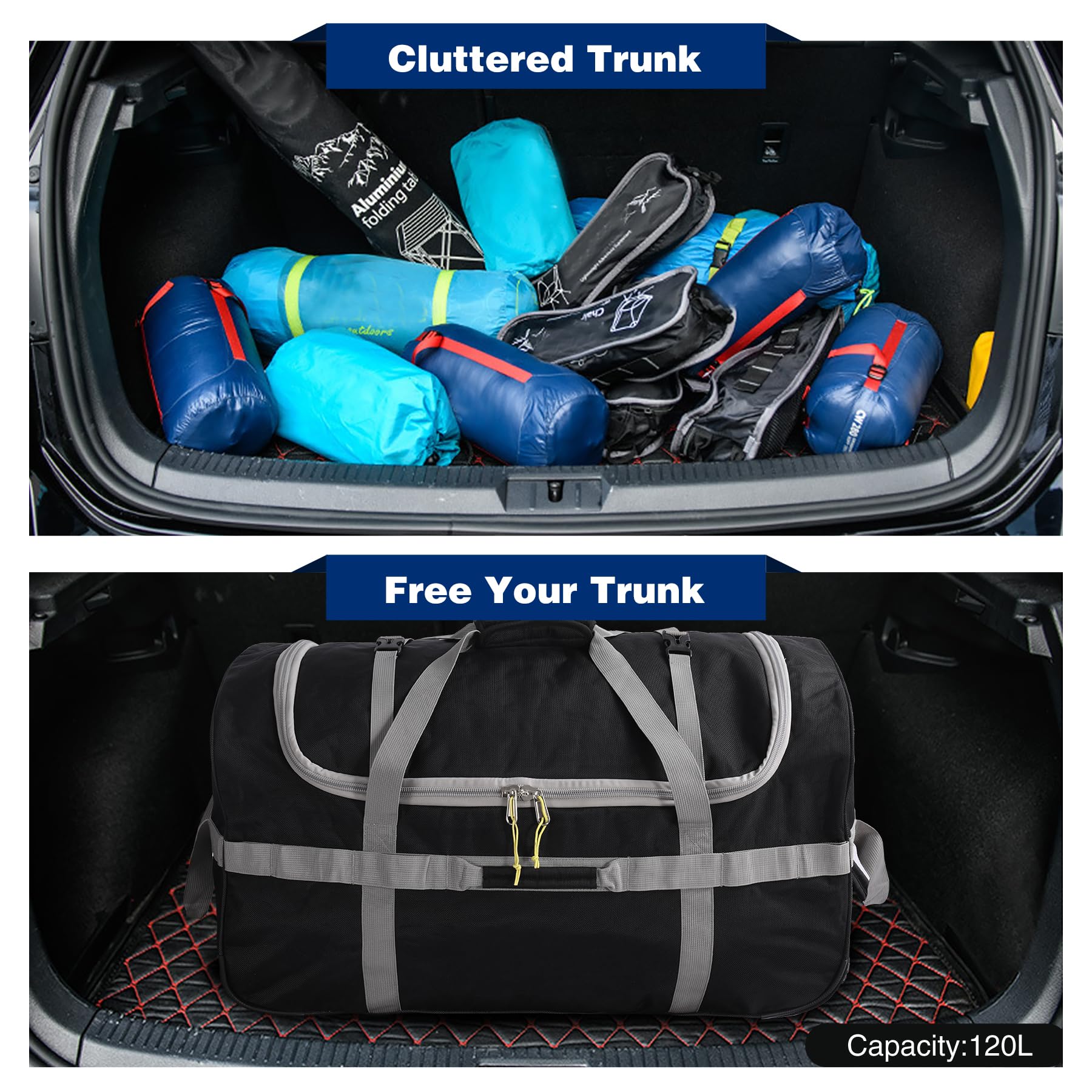 120L Große Reisetasche mit Rollen, Faltbare Sporttasche für Reise Camping Ausrüstung, vielseitiger Travel Bag zum Tragen und Ziehen, Schwarz