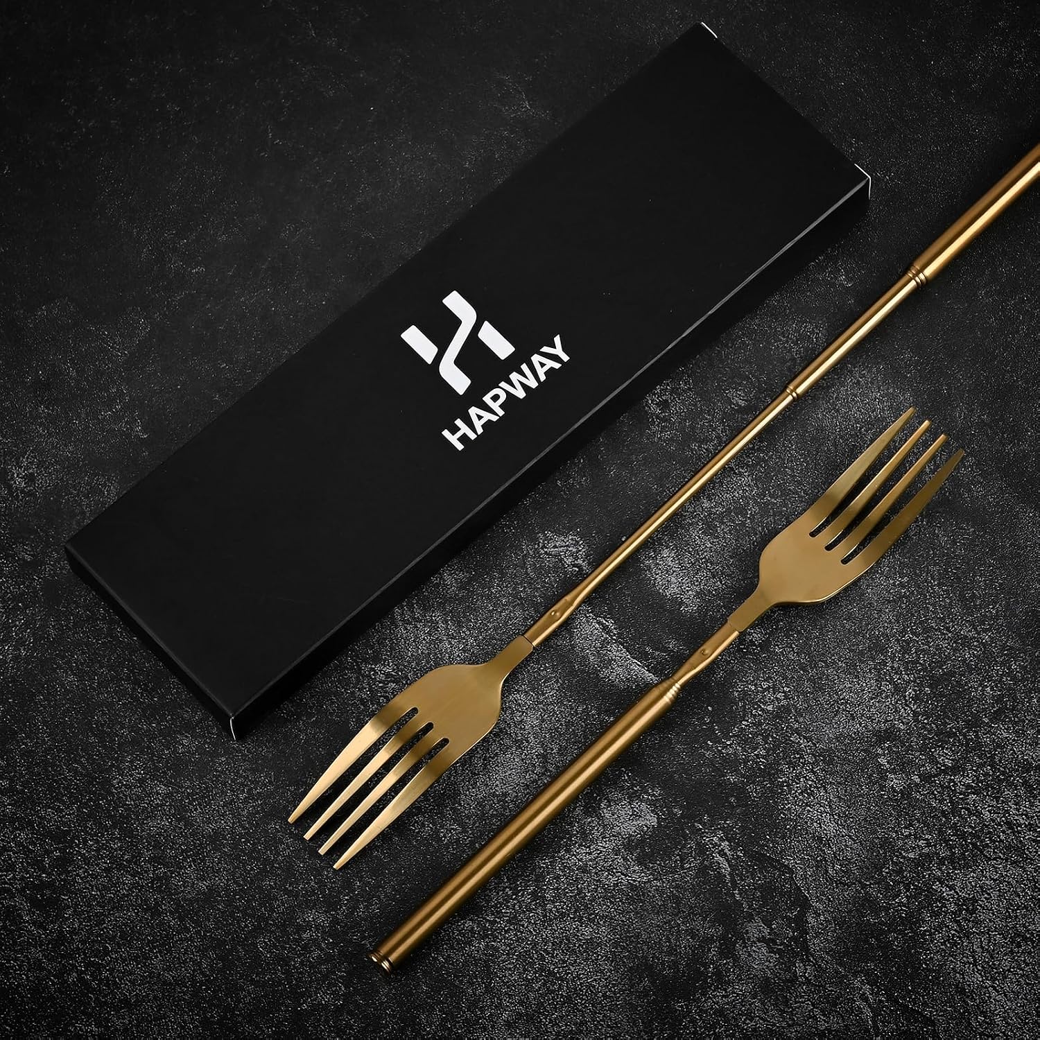 Extendable Fork, Expandable Fork for Prank/Jokes, Extended Extending Extend Extender Extension from 8.7" to 25.4" Extra Long, Stainless Steel Telescopic Telescoping Retractable Forks. Gold