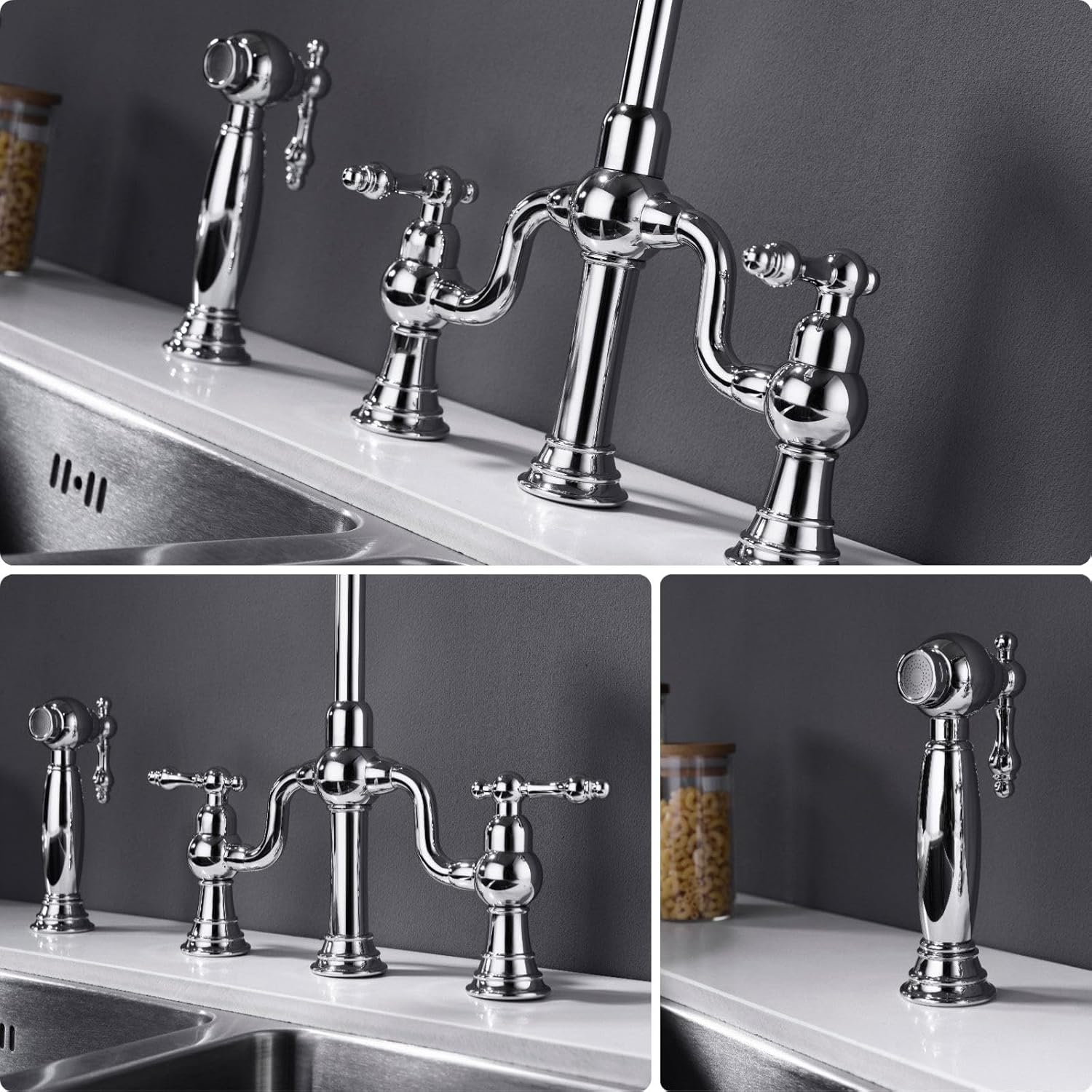 Kitchen Faucet with Side Sprayer, RKF0398 Retro 4-Hole 2-Handle 8 Inch Centerset Kitchen Sink Mixer Taps, Chrome Finish, Brass Material