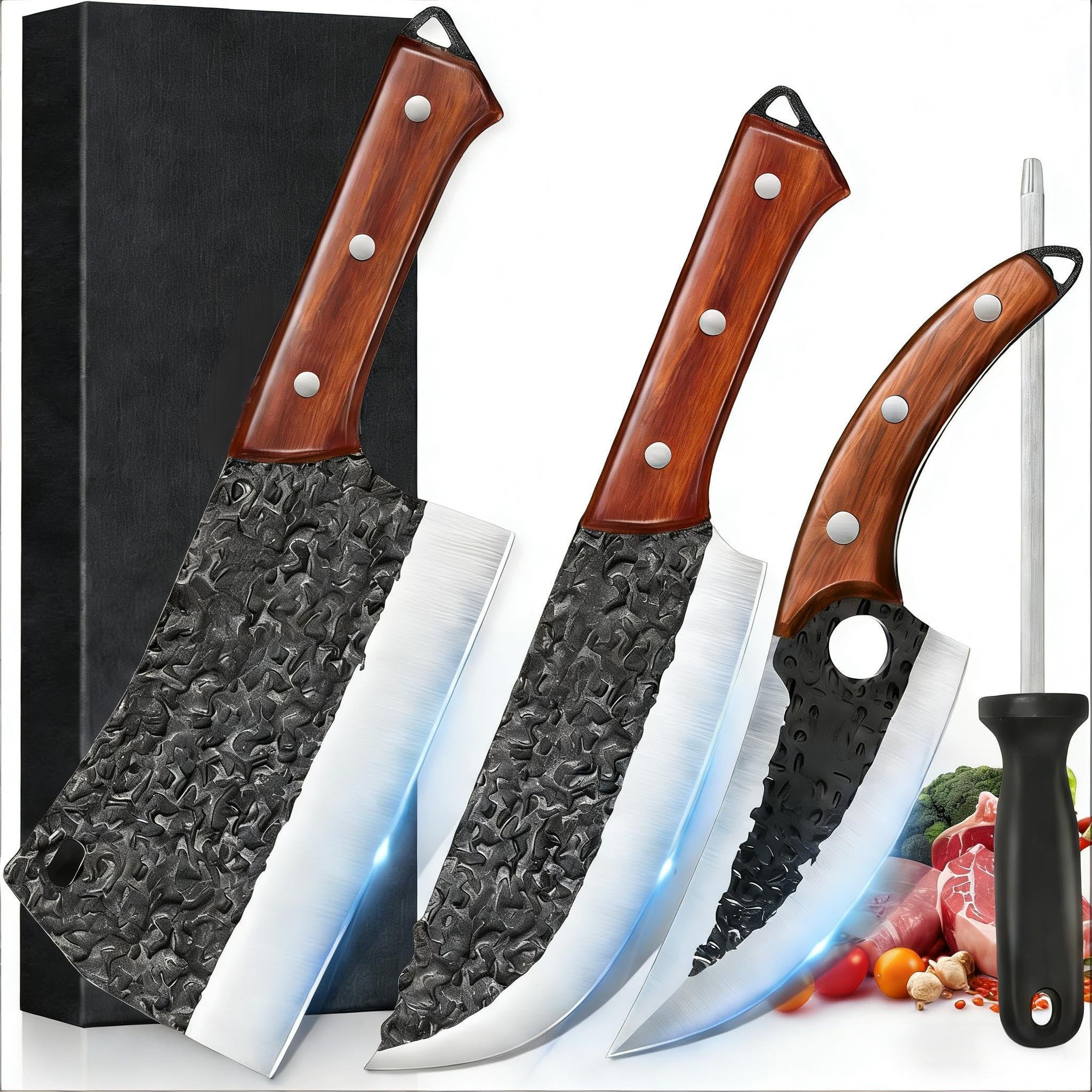 Set de 4 Couteaux de Cuisine Butcher (Couteau Chef Serbe 8", Couteau à Viande 8", Couteau à Désosser 6.5", Couteau à Aiguiser 12"), Acier Inoxydable Haut Carbone, Revêtement Anti-Adhérent Martelé