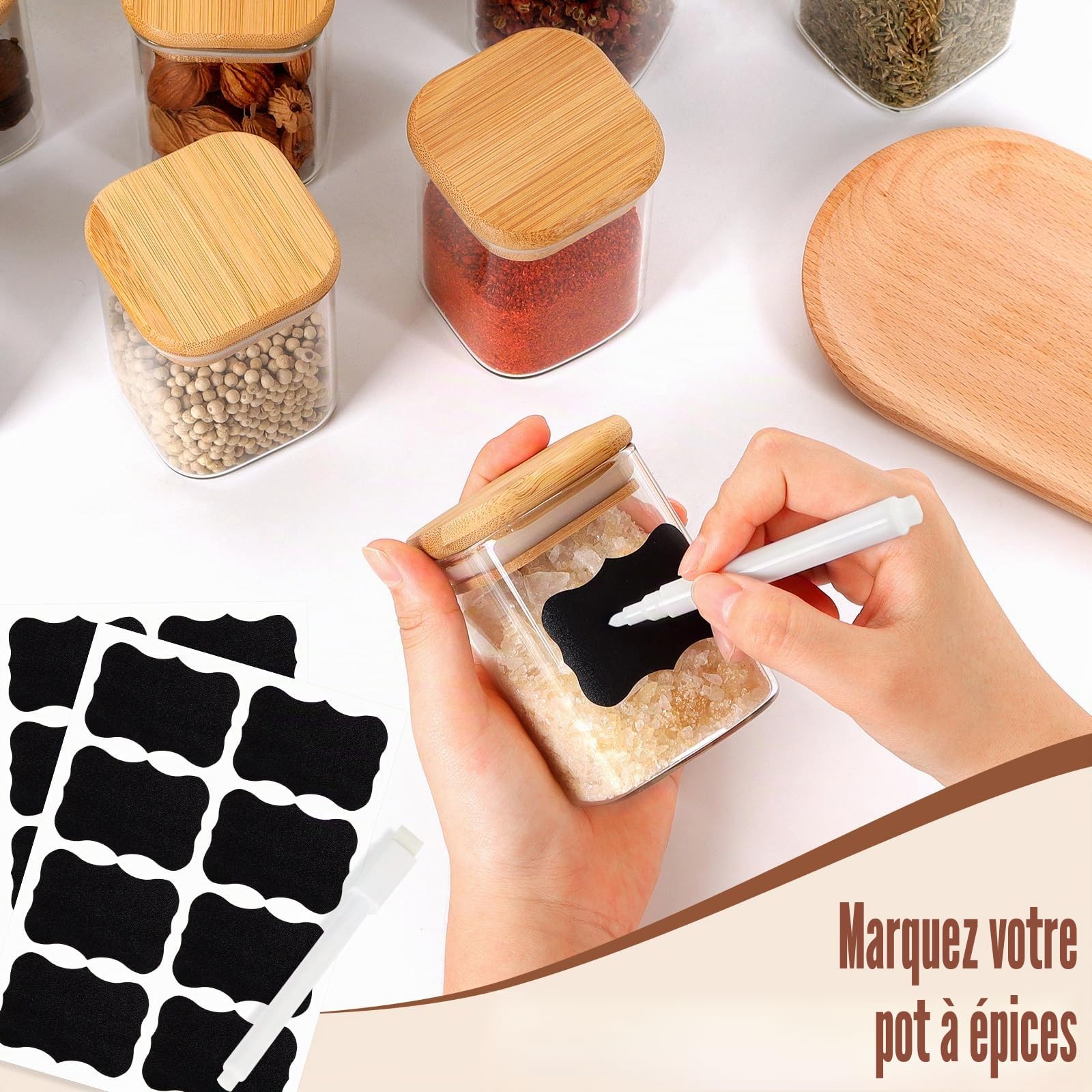 Solvant Lot de 12 Pot a Epices CarréS 200 ml HerméTiques avec Couvercle en Bois, pot Epices Verre, RéCipient à éPices, Ensemble de pots à éPices, Stockage d'éPices, Shaker à éPices, Stockage d'éPices