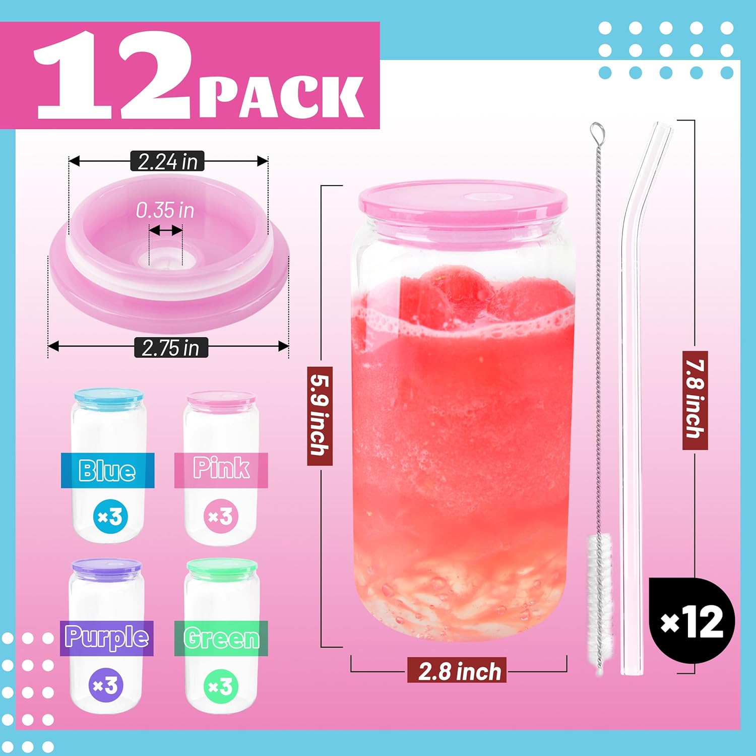 Joyclub Bundle of 8 Pack Acrylic Lids and 12pcs Glass Cups with Acrylic Lids and Straws 16 oz Can Shaped Glass Iced Coffee Cups