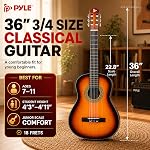 PYLE 36" Classical Acoustic Guitar Kit-3/4 Size Handcrafted Linden Wood Sun Burst Gloss Finish Guitar, 6 Nylon Strings w/Gig Bag Tuner, Extra Strings, Picks, Strap- Beginners Kids Adults-Right Handed