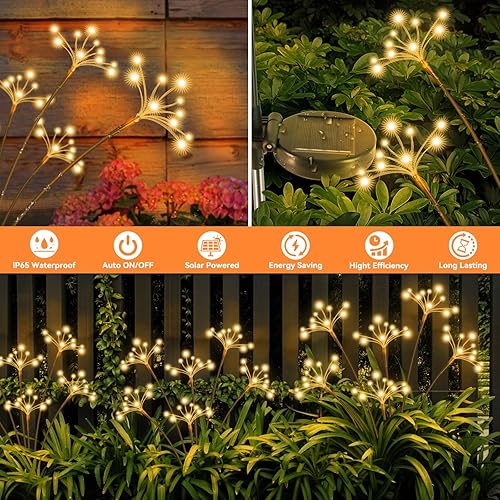 Miniatura 5 de Luces solares de jardín, paquete de 2 luces solares impermeables con forma de estallido de estrellas para exteriores, para patio, pasarela, fiesta,