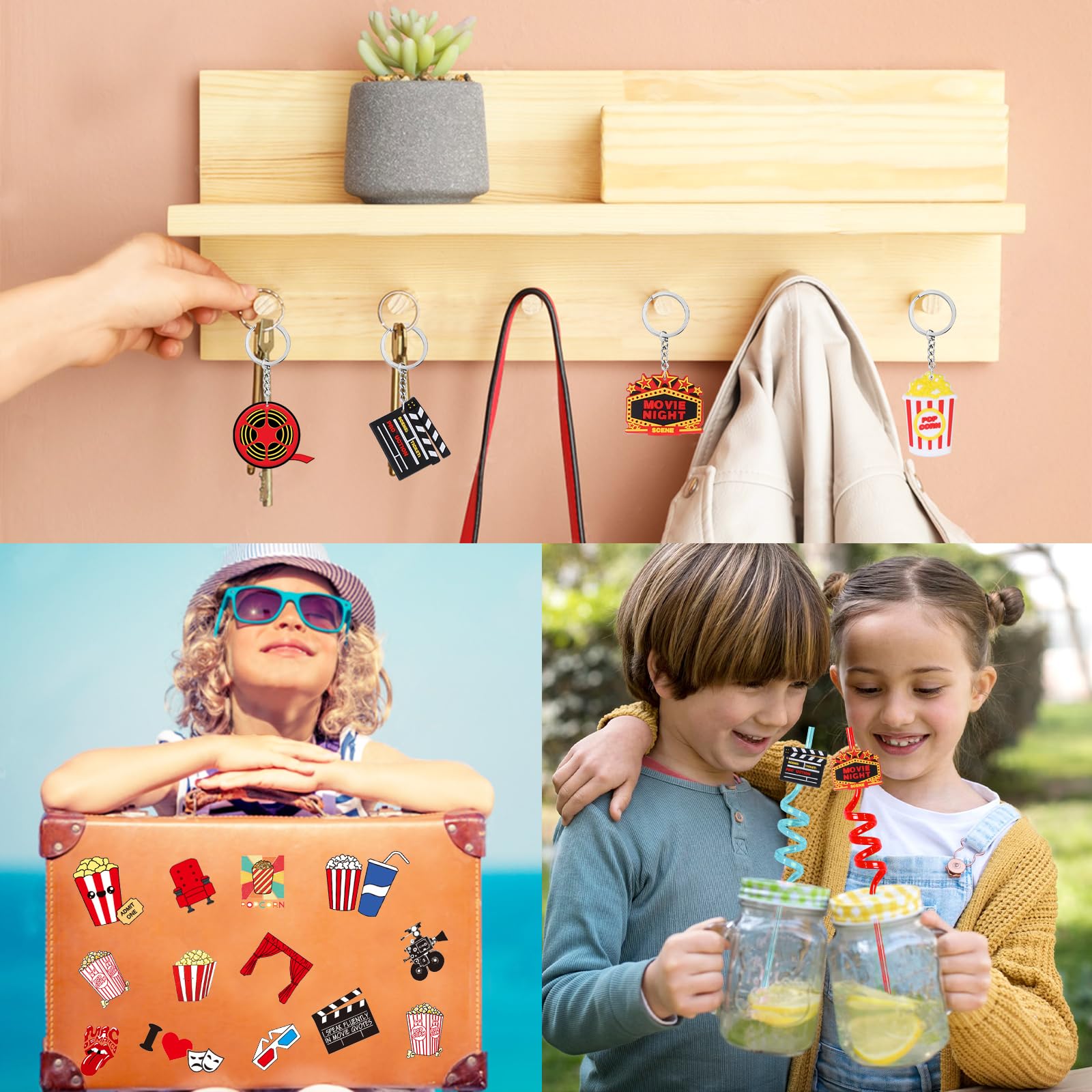 Serencatcher Movie Night Party Favors, 12 Pack Movie Night Keychains Thank You Tags With String White Organza Bags Movie Theme Birthday Party Decorations Party Supplies Crazy Birthday Party Favors