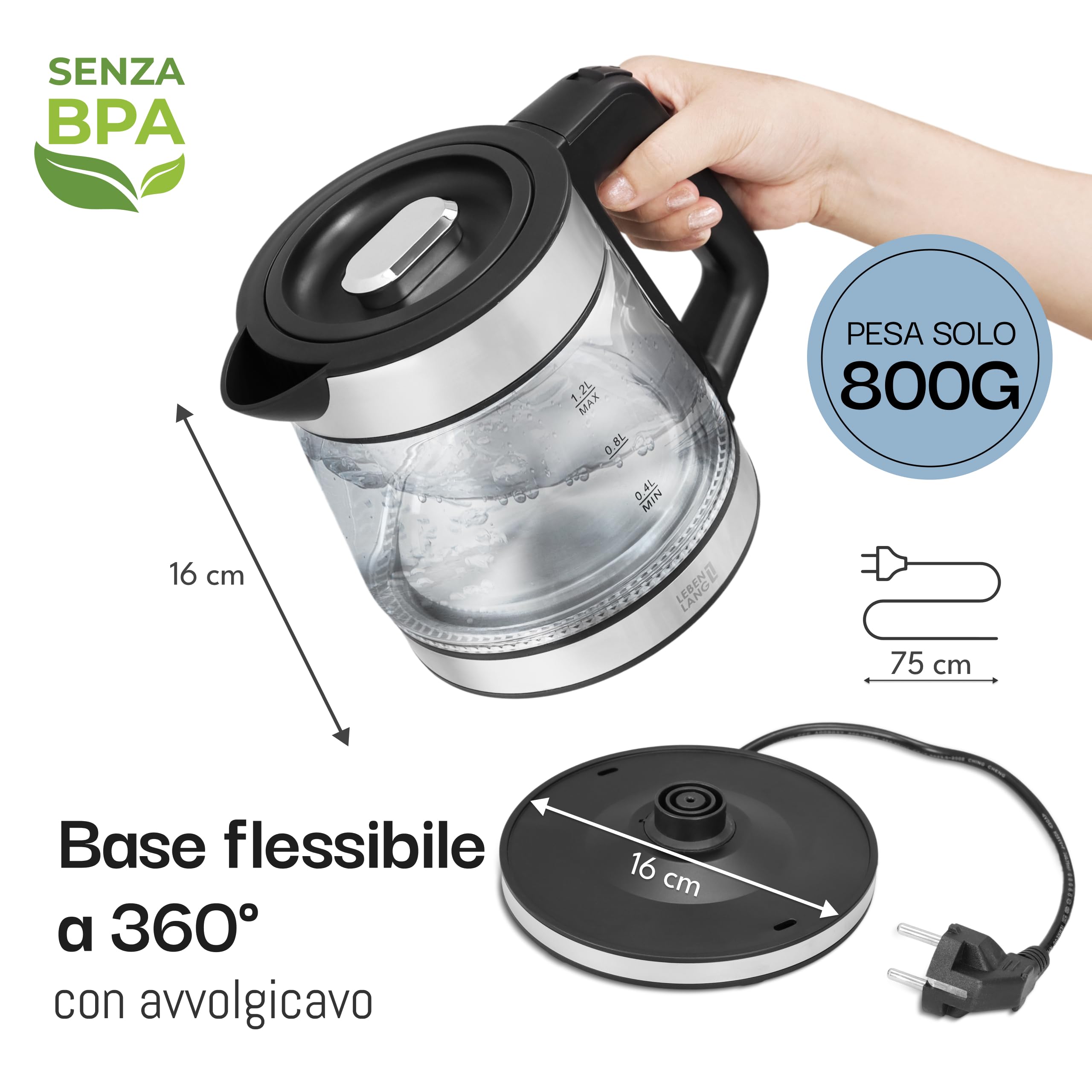 LEBENLANG Bollitore in vetro compatto – 1,2 litri con illuminazione LED I Design in acciaio inox bollitore senza BPA 1 L / 1,2 L I Piccolo bollitore da viaggio per campeggio Bollitore in vetro