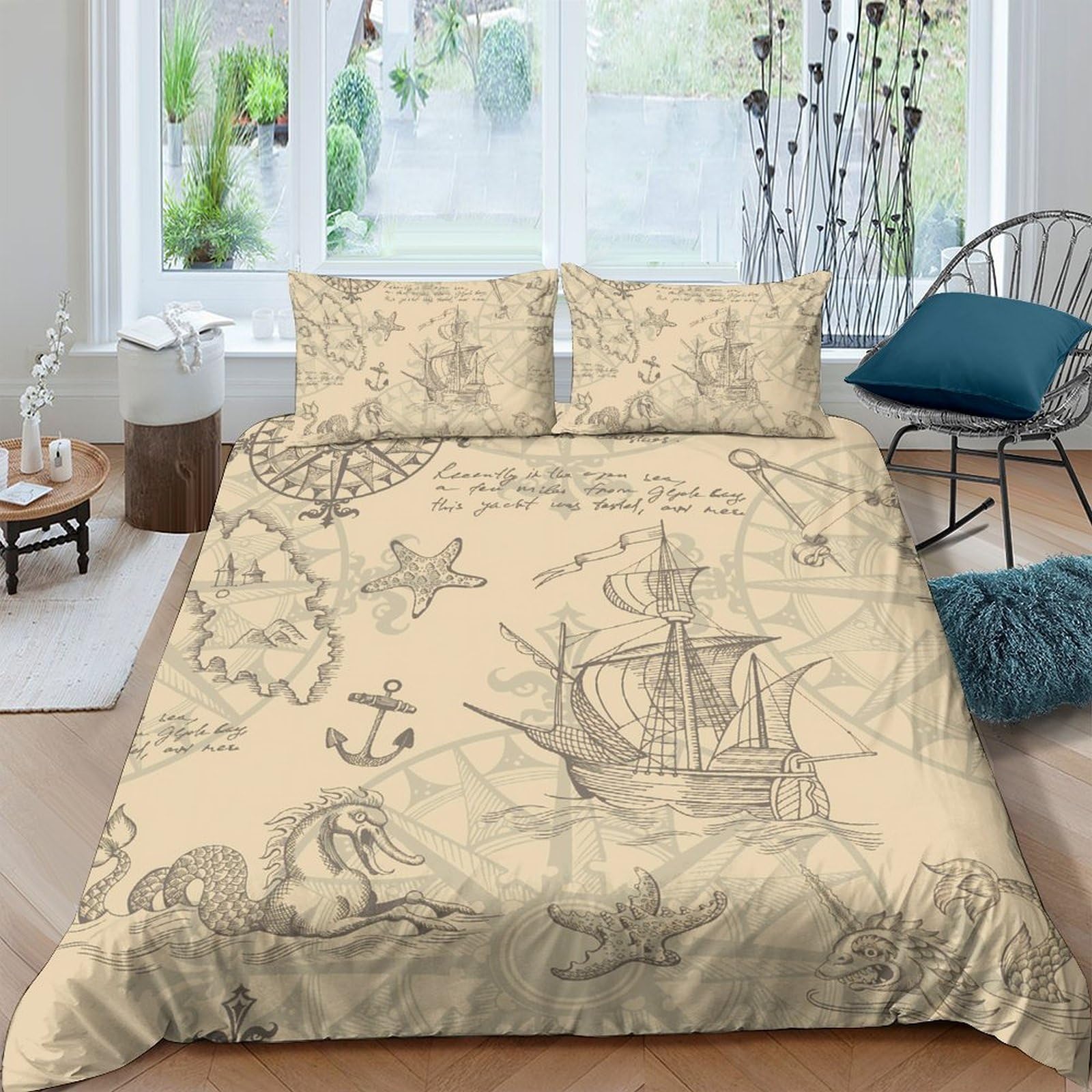 Ctjqhvkz Style-5 3D Printed Nautical Map Fitted Sheet Microfiber Beige Vintage Ship Anchor Bed Cover For Bedroom Guest Room Decor Single（135X200cm）