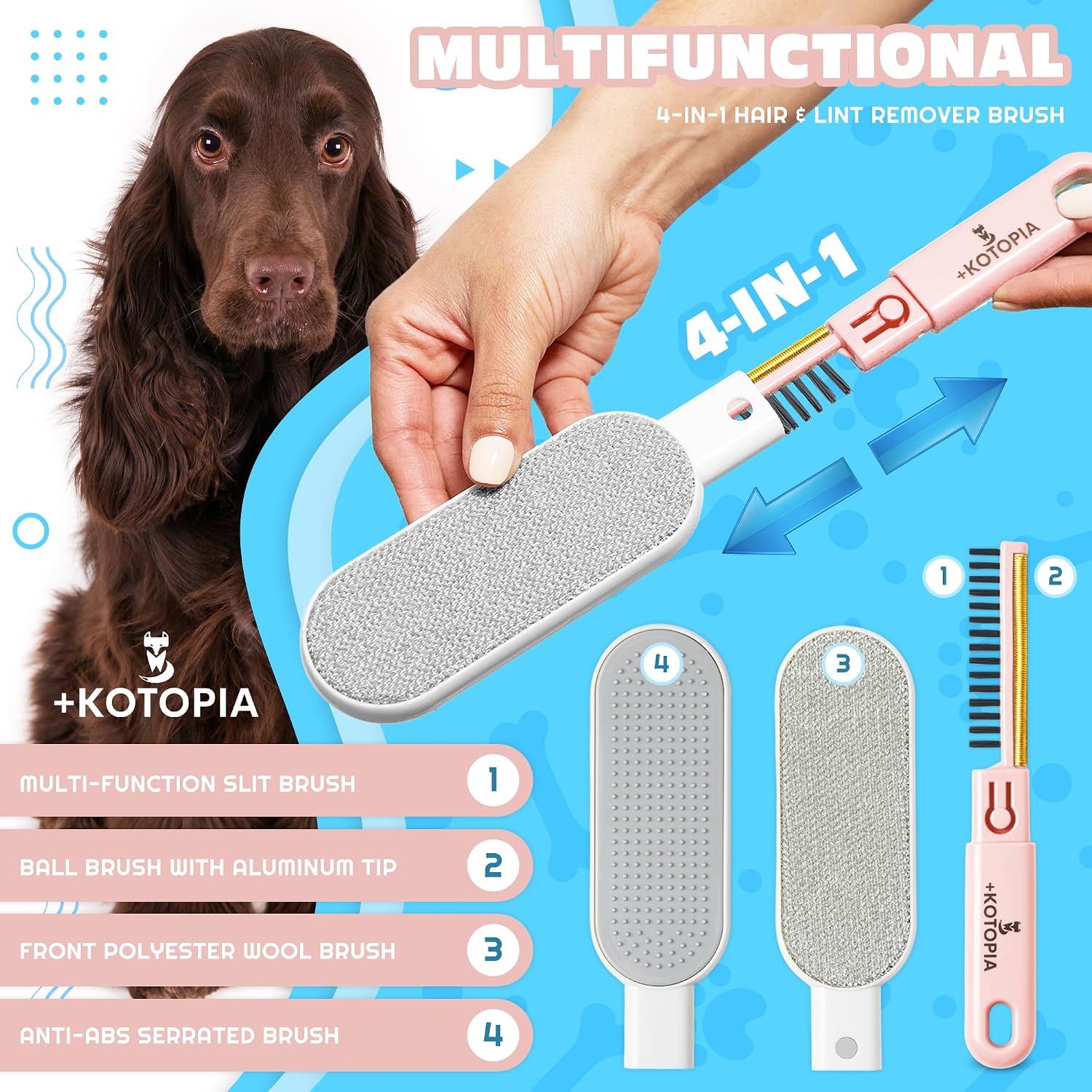 4-in-1 Pet Hair and Lint Remover Brush for Clothes, Furniture and Upholstery, Reusable Multi-Surface Tool for Sofas and Fabric, Pink image 3