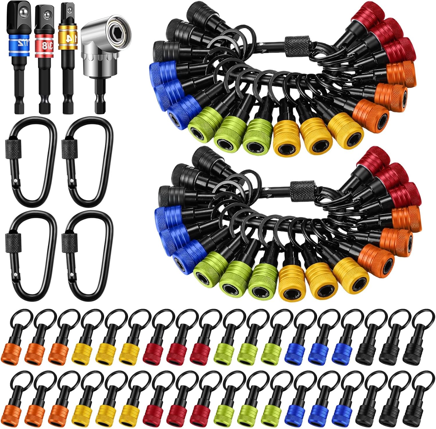 44 Pcs Upgraded Flexible Drill Bit Extension, Bit Holder Keychain, 1/4 3/8 1/2 Socket Hex Shank Quick Release Screwdriver 105 Degree Right Angle Driver for Drills Men Gifts (Multicolor)