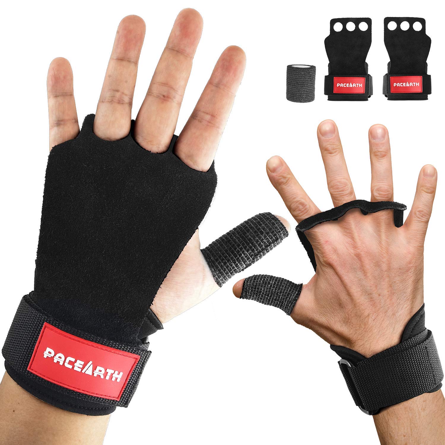 PACEARTH Leather Gymnastics Hand Grips, 3 Hole Gloves with Comfortable Palm Protection Bar Grips-Great for Pull-ups, Wods, Weight Lifting, Kettlebells and Cross Training