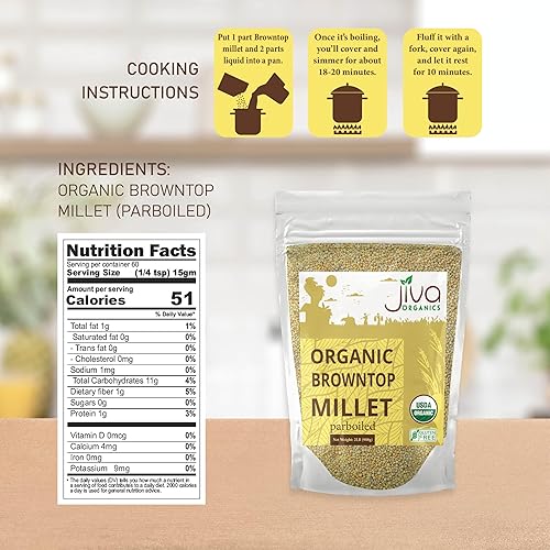 Miniatura 2 de Jiva Organics Browntop Millet Bolsa de 2 libras Grano entero, sin gluten y orgánico Superalimento rico en proteínas y fibra para una cocina