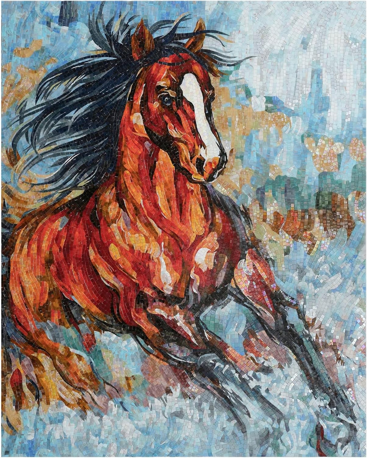 Handmade Galloping Horse Glass Mosaic Wall Art – Hand-Cut Equine Tile Mosaic Tile Artwork for Rustic Interior Wall Décor