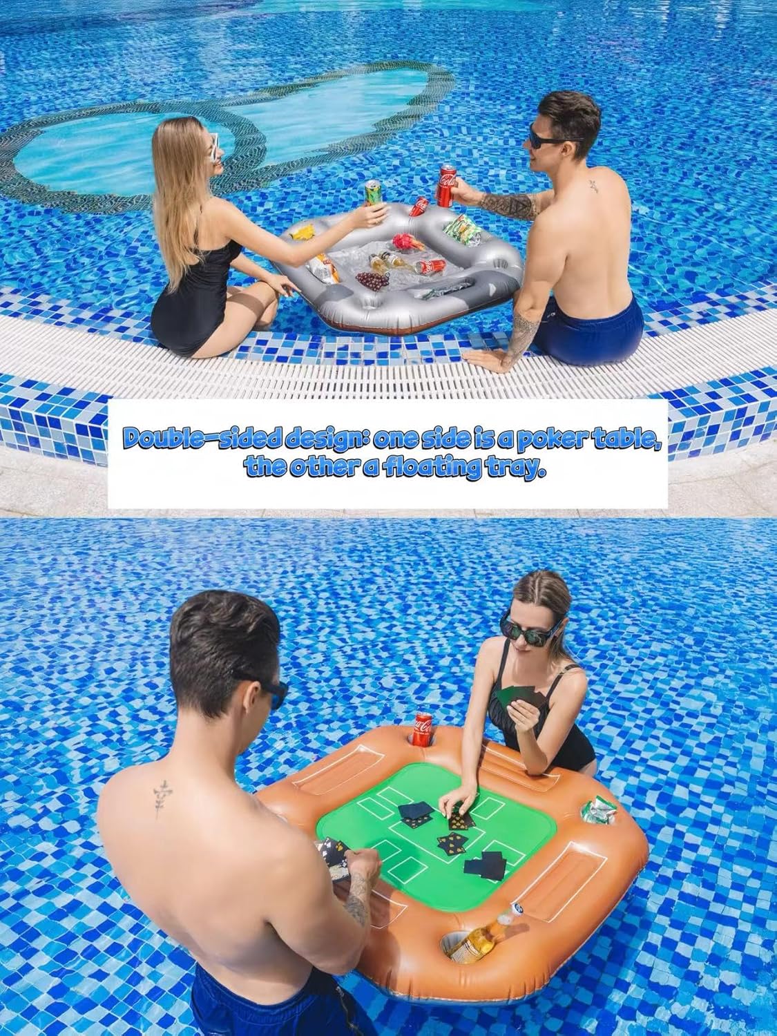 Floating Pool Game Table Double-Sided Design Poker-Style Top Drink Snack Tray, Durable PVC 39.3” for Pool Party Hot Tub Beach Gathering