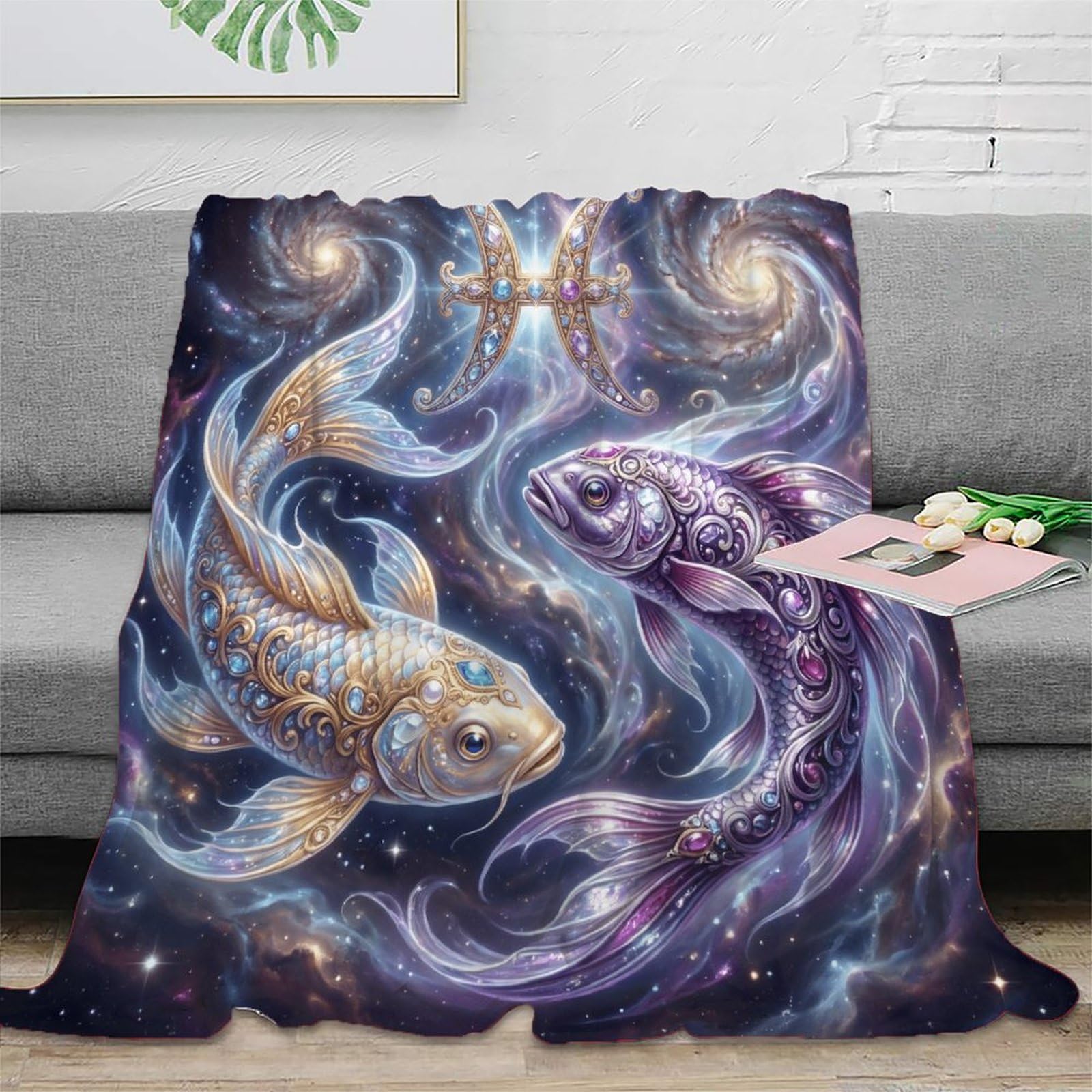 H3B8U2Y5 Pisces Zodiac Celestial Koi Flannel Throw Blanket, Sofa Couch Bed