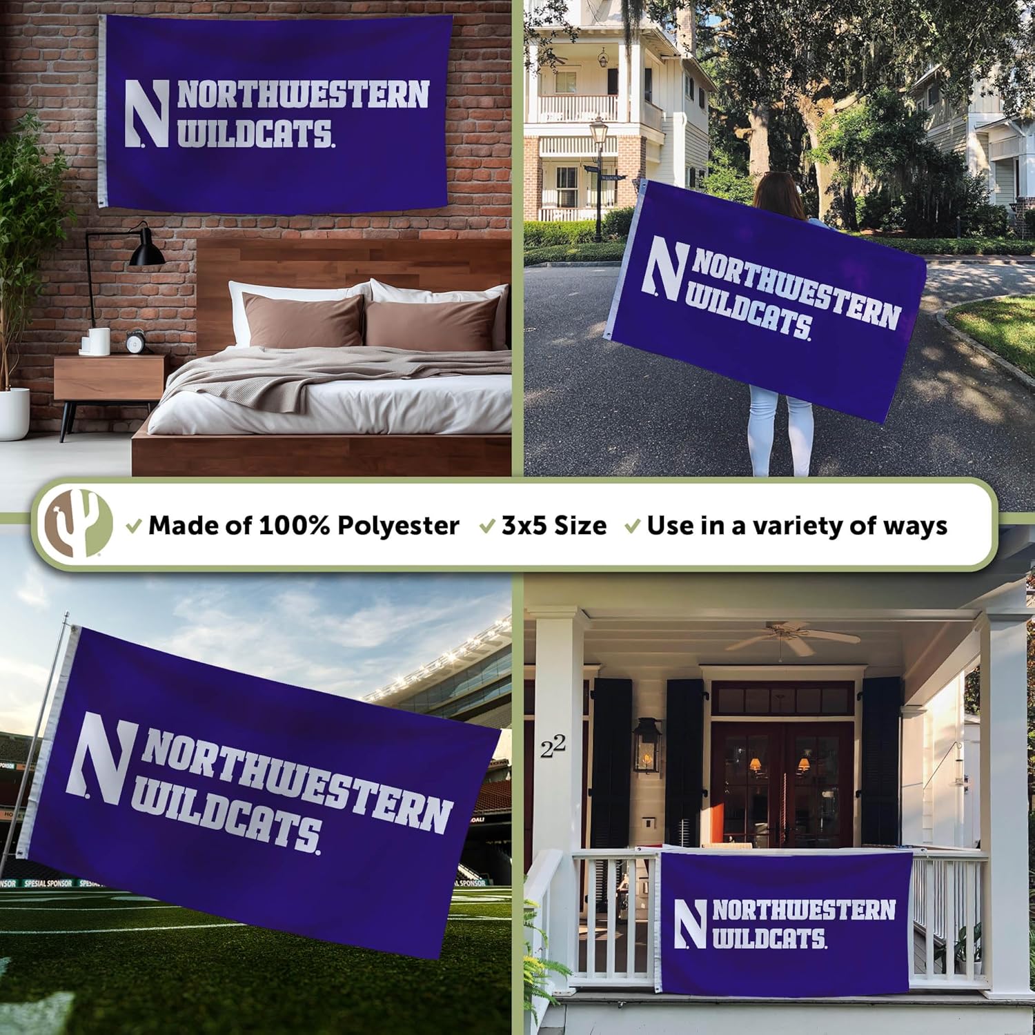 Desert Cactus Northwestern University NU Flag - 3 x 5 Feet Wildcats Banner, Indoor/Outdoor Durable Fabric, 100% Polyester Design (Style 6) - Image 3
