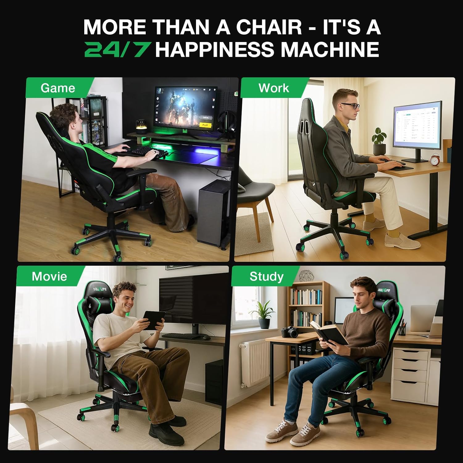 Douxlife 7-Point Massage Gaming Chair with Footrest, 400lbs Heavy Duty Ergonomic Computer Chair, 175° Reclining High Back Racing Seat for Adults with Adjustable Armrests & Lumbar Support, Green