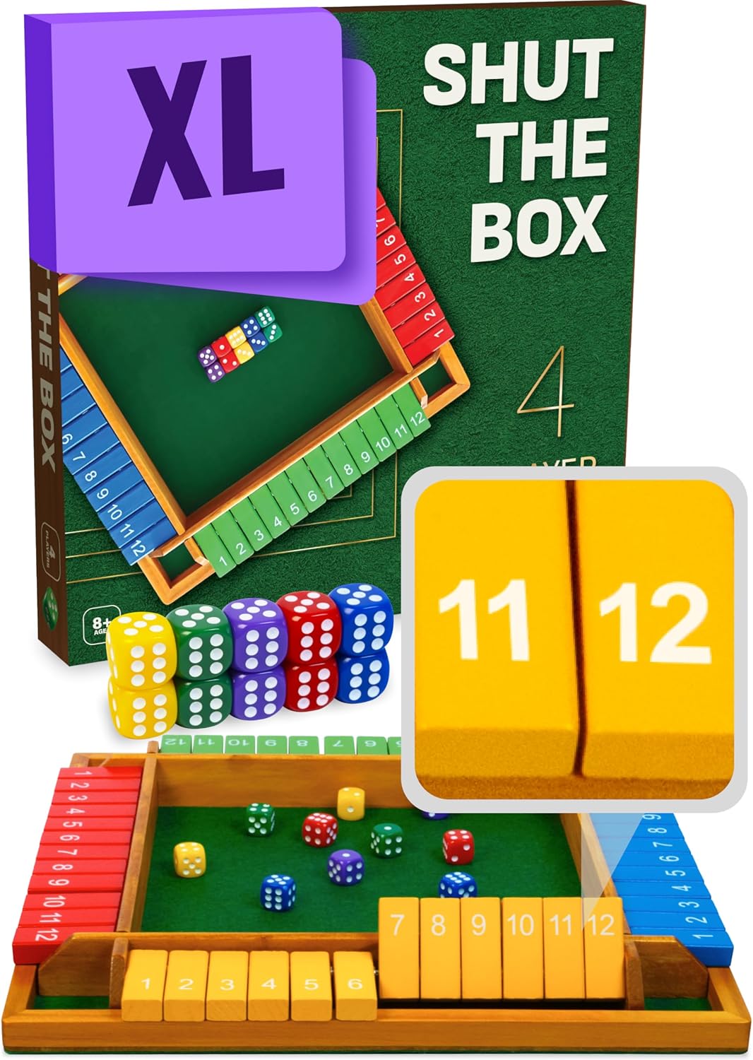 Large Shut The Box Game Wooden for 4 Players - Math Games -Family Games for Kids and Adults - 14-inch Close The Box Game 12 Numbers - Family Board Games