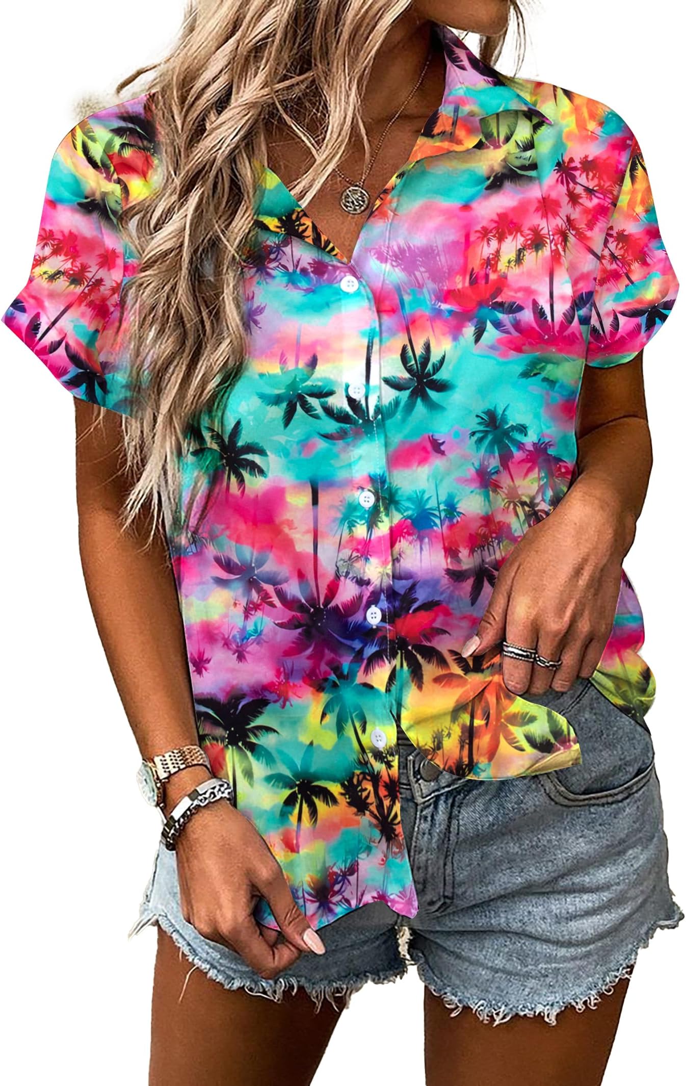Women Hawaiian Shirt Soft Cool Summer Hawaii Tshirts Beach Tropic Print V Neck Button up Tops Floral Short Sleeve Tops