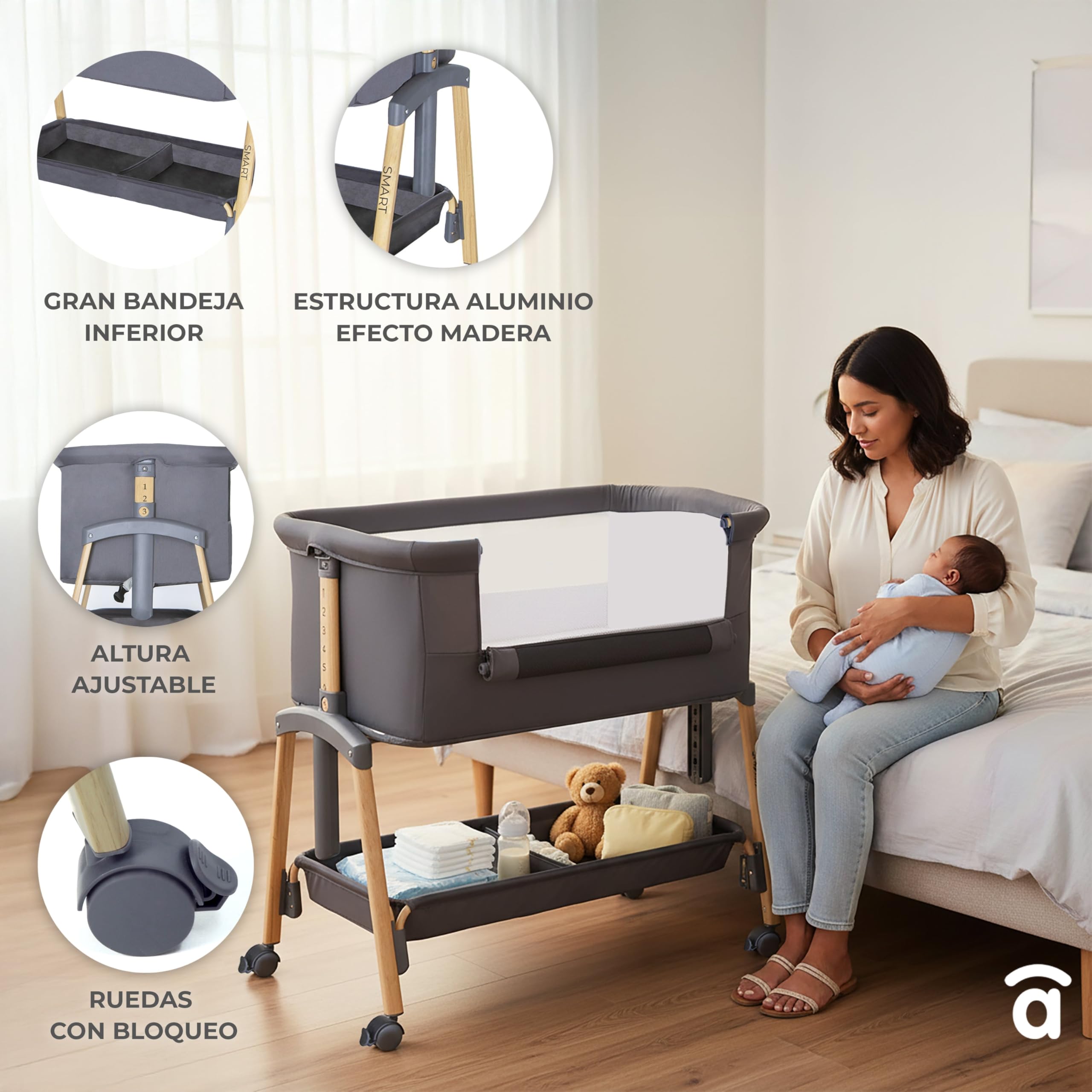 Asalvo Smart - Lettino 2 in 1 con 7 altezze regolabili, ruote con freni, materasso incluso, mini culla per neonati (beige)