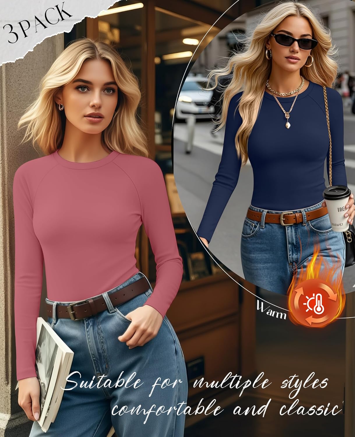 3 Pack Women's Thermal Shirts Fleece Lined Long Sleeve Top Crew Neck Raglan Thermal Winter Base Layer Undershirts - Image 3