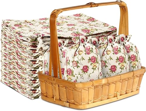 Miniatura 8 de Pangda Paquete de 30 bolsas de arpillera de tamaño pequeño con cordón de color rosa de 3.9 x 5.3 pulgadas, bolsas de regalo de lino, bolsas de