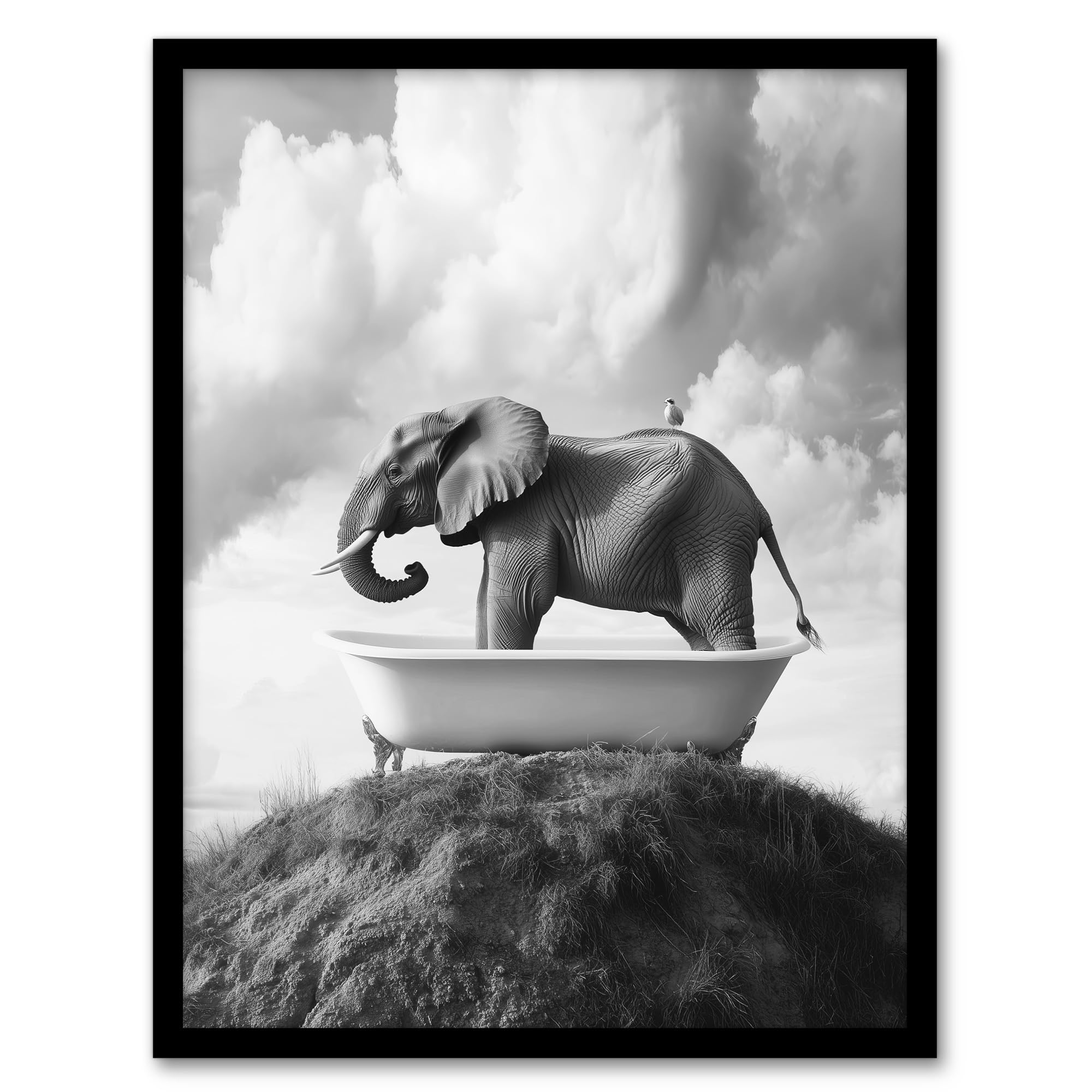 Artery8 Elephant in Bathtub on a Hill Black White Surreal Living Room Artwork Framed Wall Art Print A4