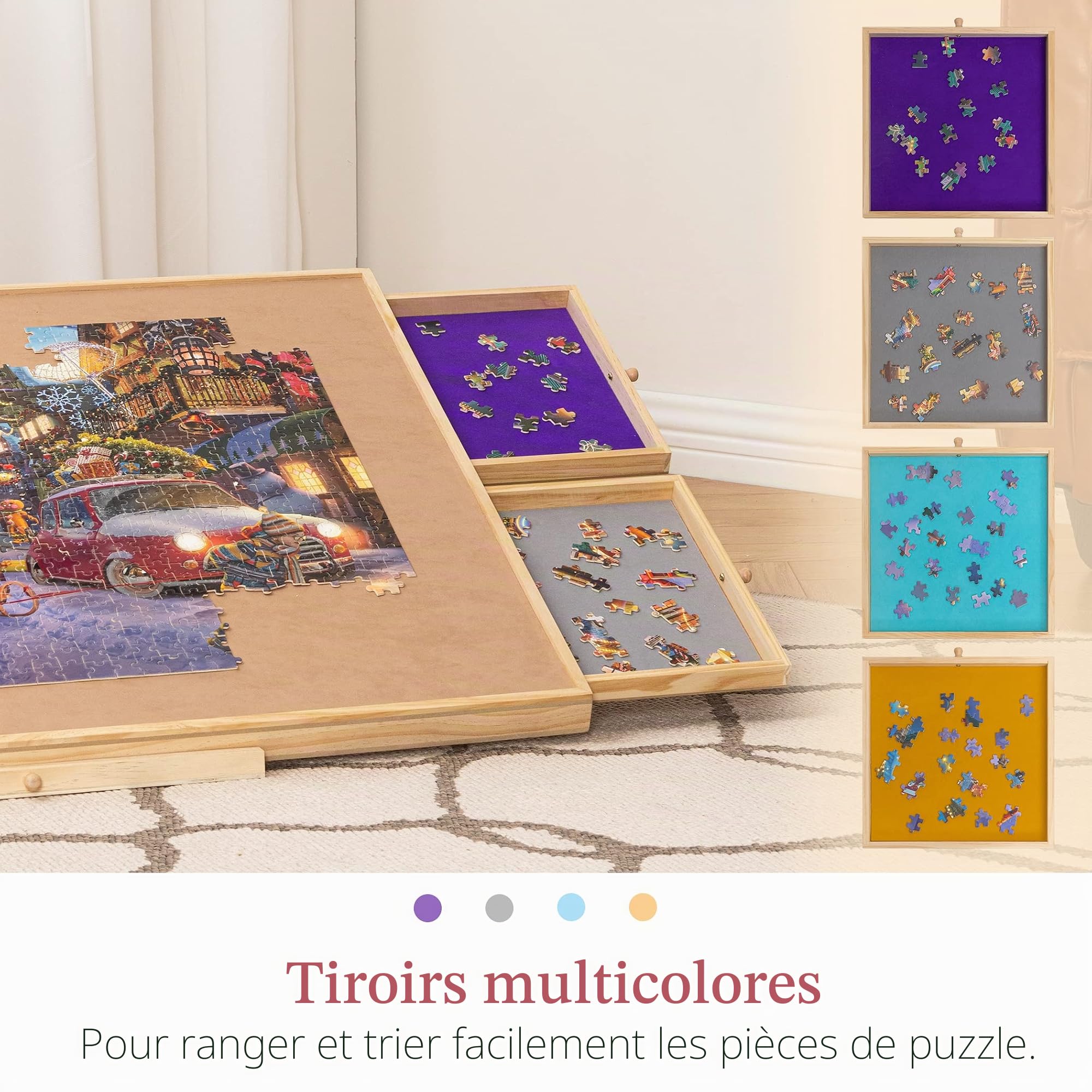 Tektalk Table de puzzle avec support réglable intégré et couvercle amovible - Planche de puzzle portable en bois avec 4 tiroirs de tri - Jusqu'à 1000/1500 pièces (jusqu'à 1500 pièces)