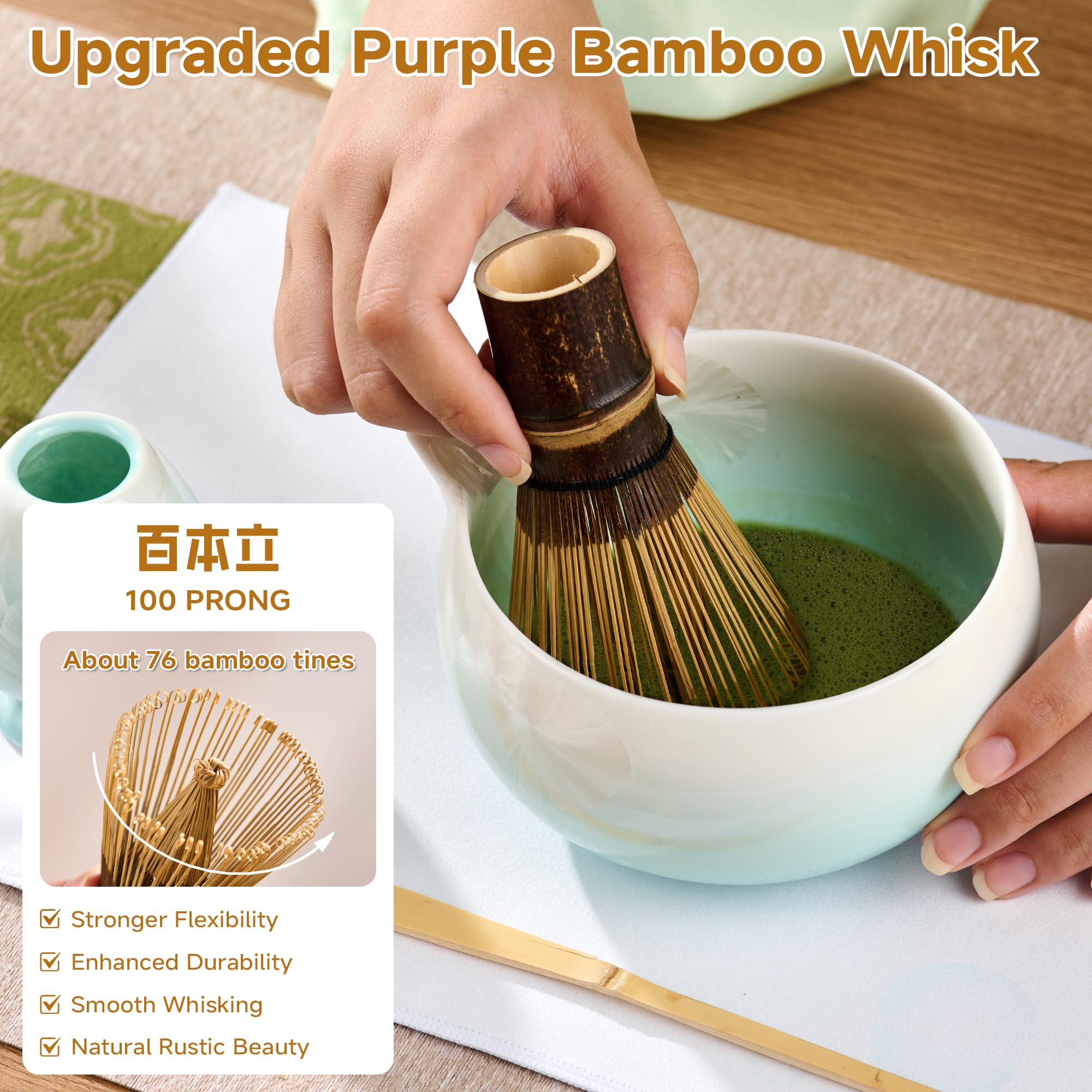 ComboJoy Ensemble de fouet à matcha – Bol à glaçage cristallin, fouet et support en bambou, cuillère et tamis avec support, tasse avec couvercle et paille, plateau à glaçons et torchon – Coffret