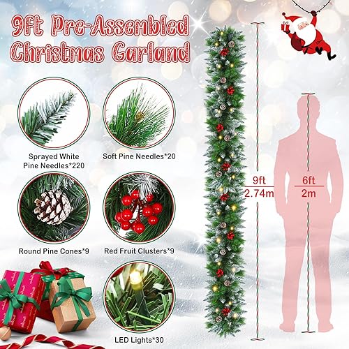 Miniatura 3 de Guirnalda de Navidad, guirnalda de Navidad con luces, decoración de Navidad, 9 pies8.9 ft, para manto, hogar, escaleras, chimenea, porche, puerta,