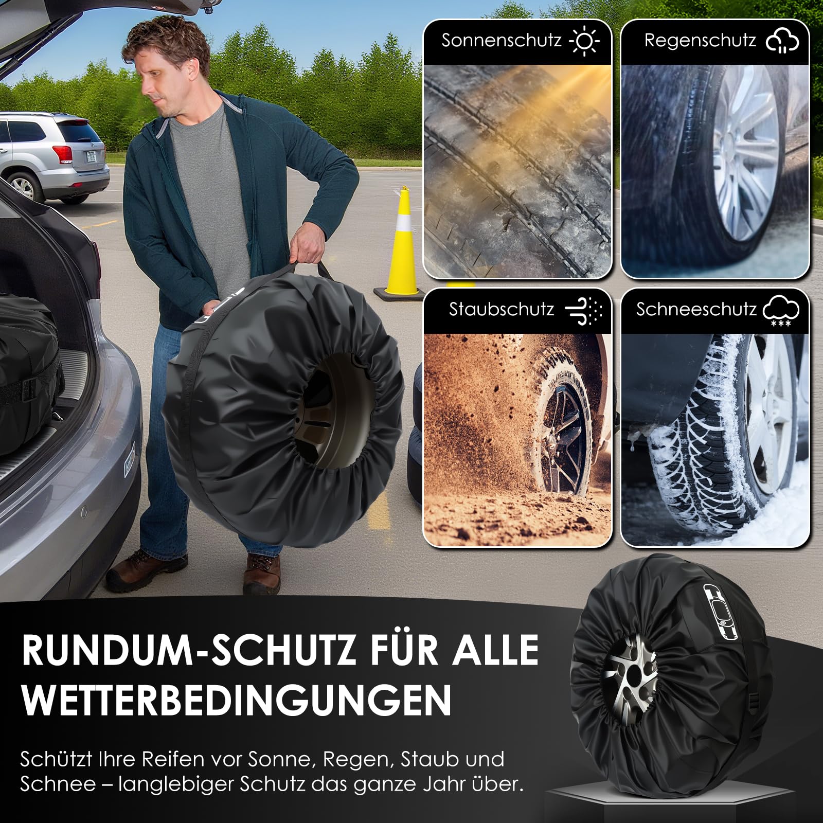 Gucass Lot de 4 housses de pneu de 19-23 pouces - Sacs étanches et housse de protection pour pneus - Pour le rangement et le transport des pneus - Protection UV - Noir - L (Ø 80 cm)