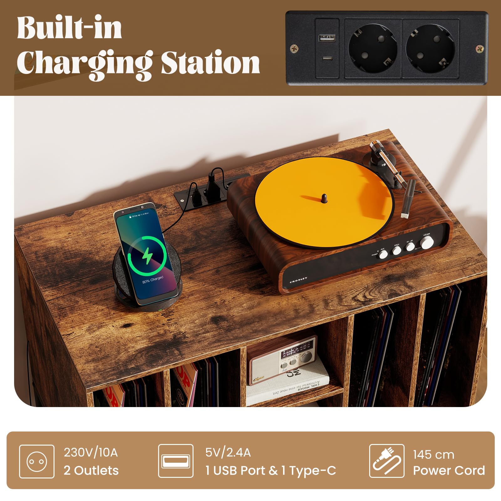 KOMFOTTEU Meuble Platine Vinyle avec Station de Charge, Support de Tourne-Disque, 80 x 45 x 79,5 cm, Industriel