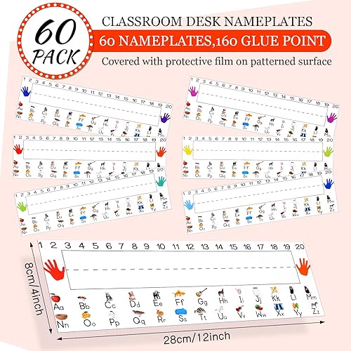 Miniatura 2 de 60 unidades de placas de nombre para estudiantes, con líneas de números de animales, etiquetas planas de nombre para escuela, aula, estudiantes,